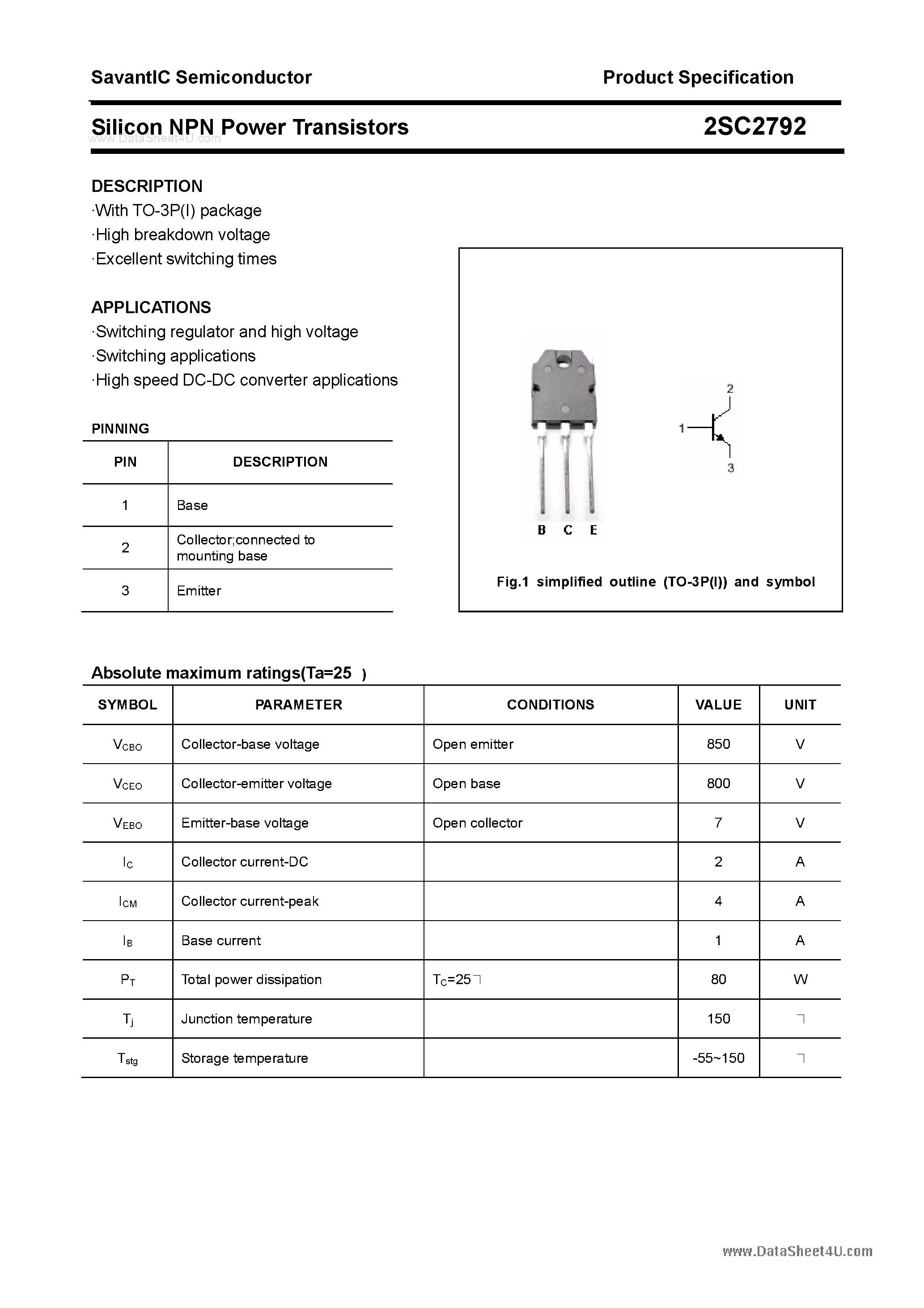 Datasheet 2SC2792 - SILICON POWER TRANSISTOR page 1