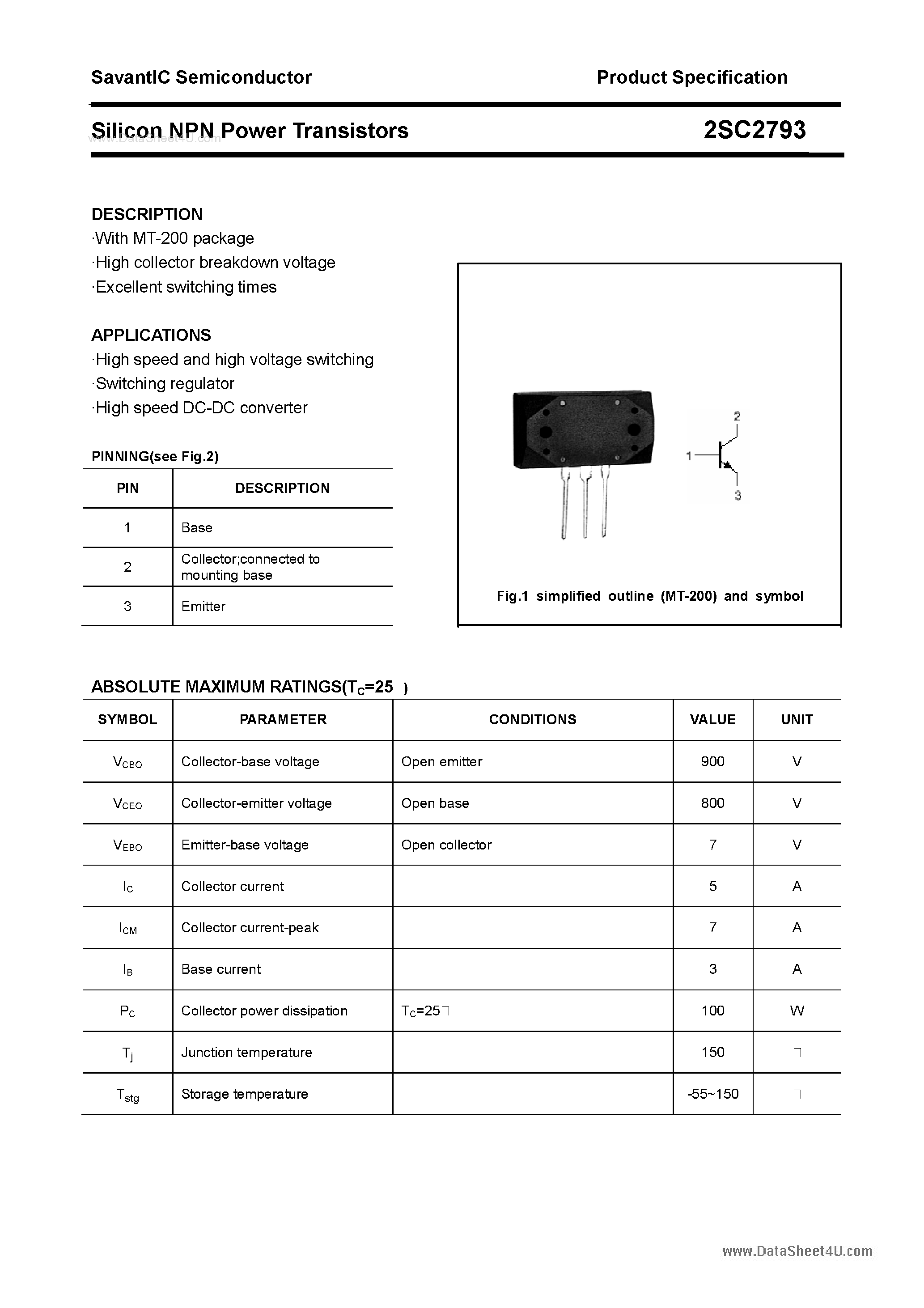 Datasheet 2SC2793 - SILICON POWER TRANSISTOR page 1