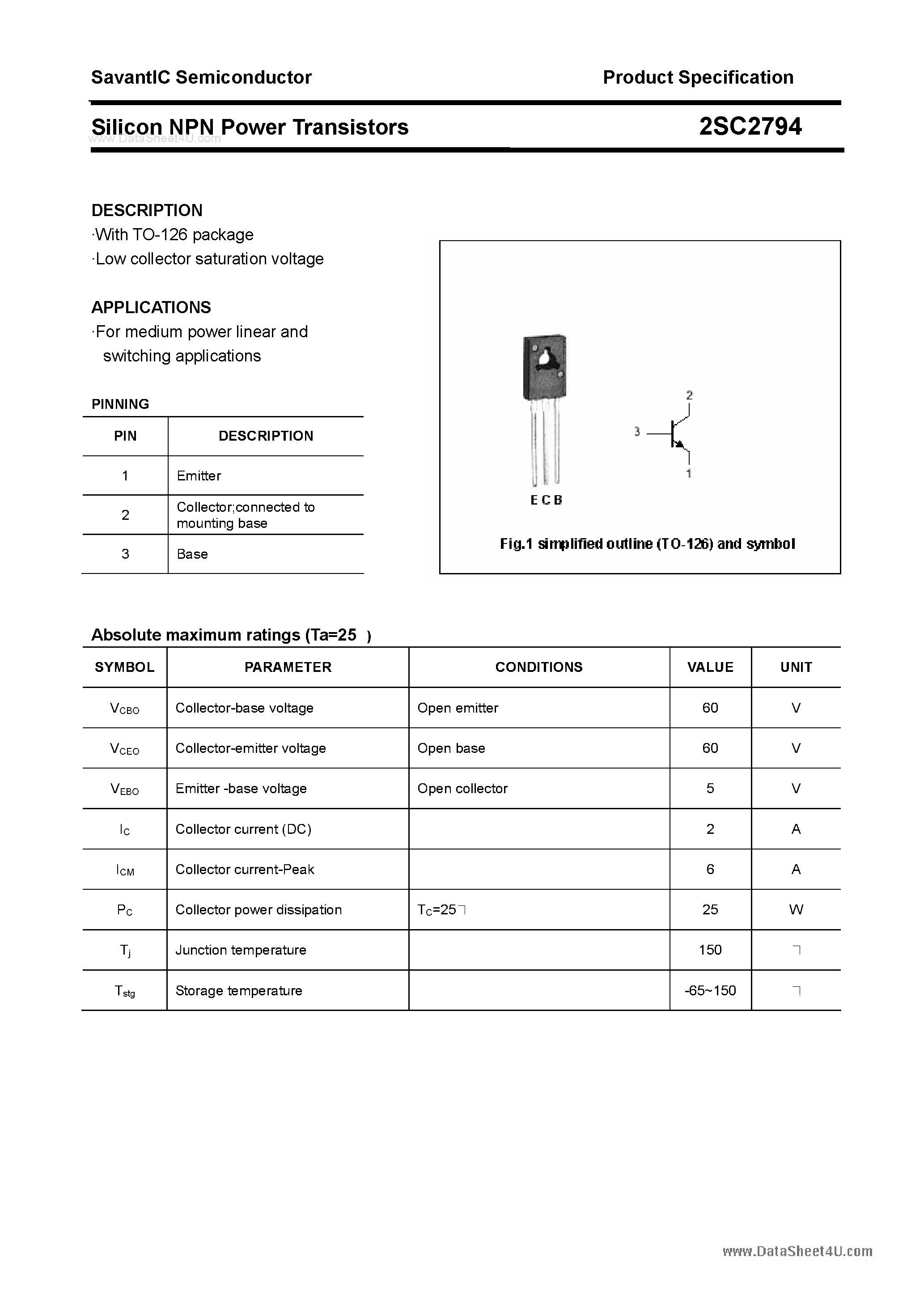 Datasheet 2SC2794 page 1 Datasheet 2SC2794 - SILICON POWER TRANSISTOR page 1