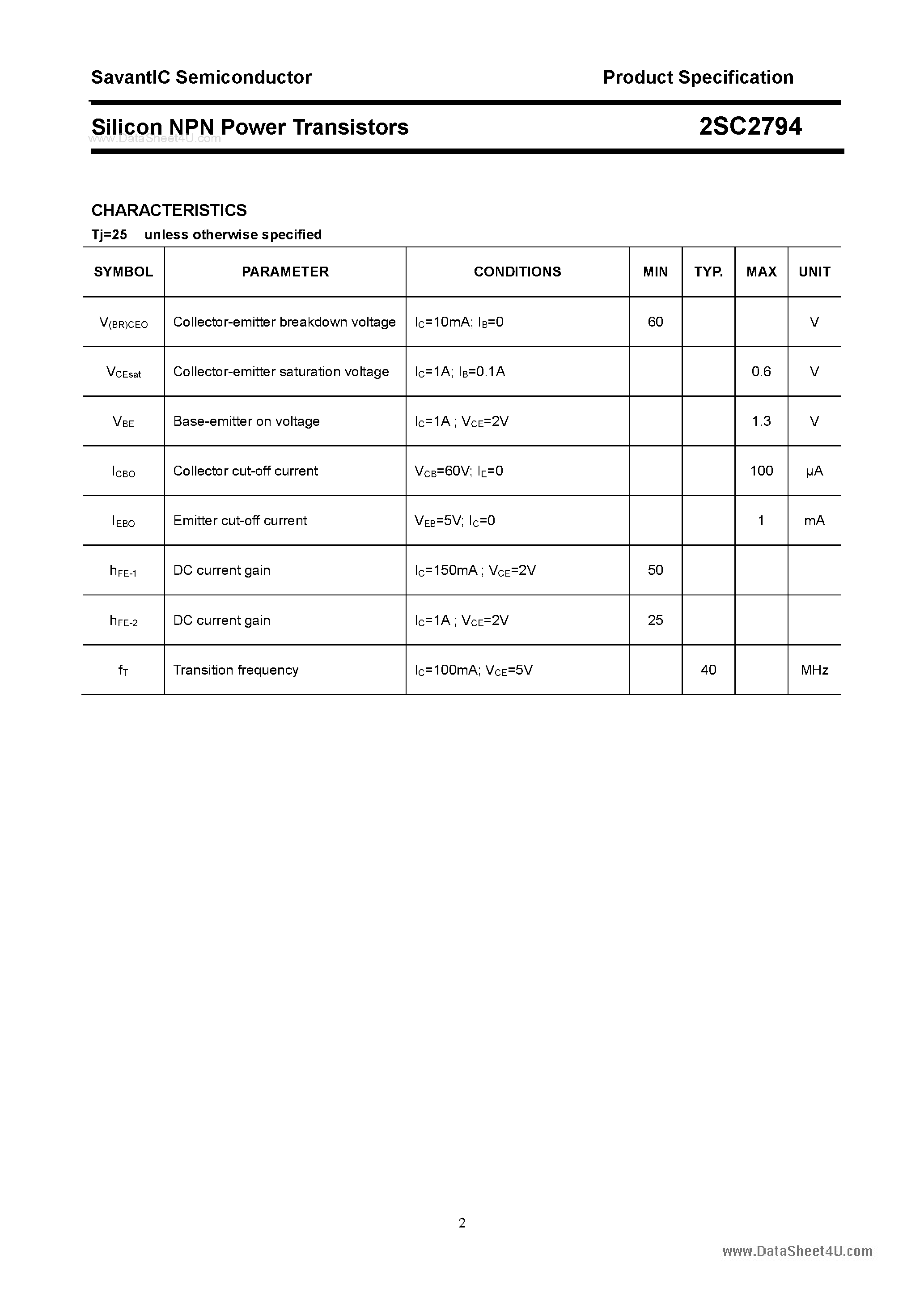 Datasheet 2SC2794 page 2 Datasheet 2SC2794 - SILICON POWER TRANSISTOR page 2