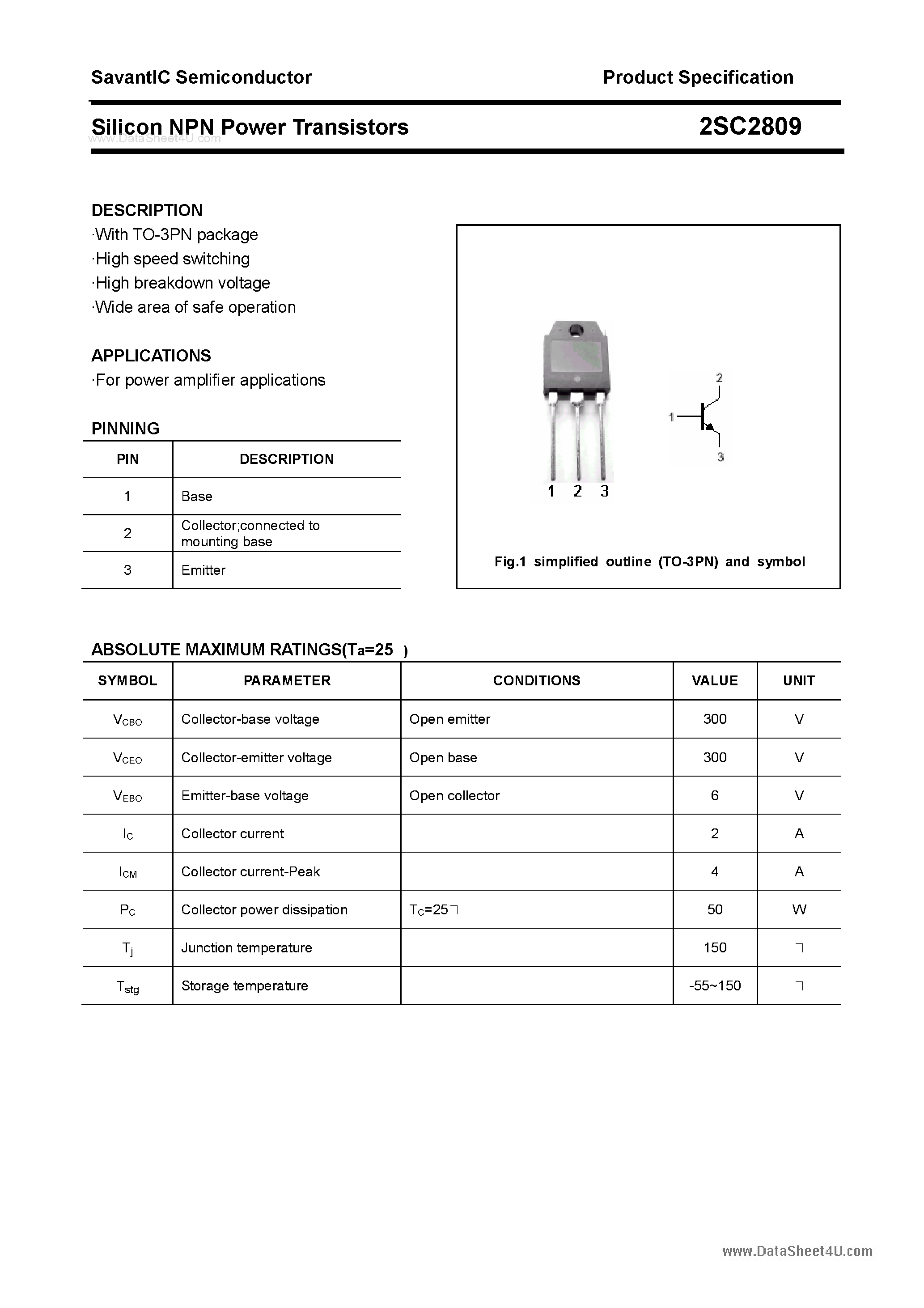 Datasheet 2SC2809 - SILICON POWER TRANSISTOR page 1
