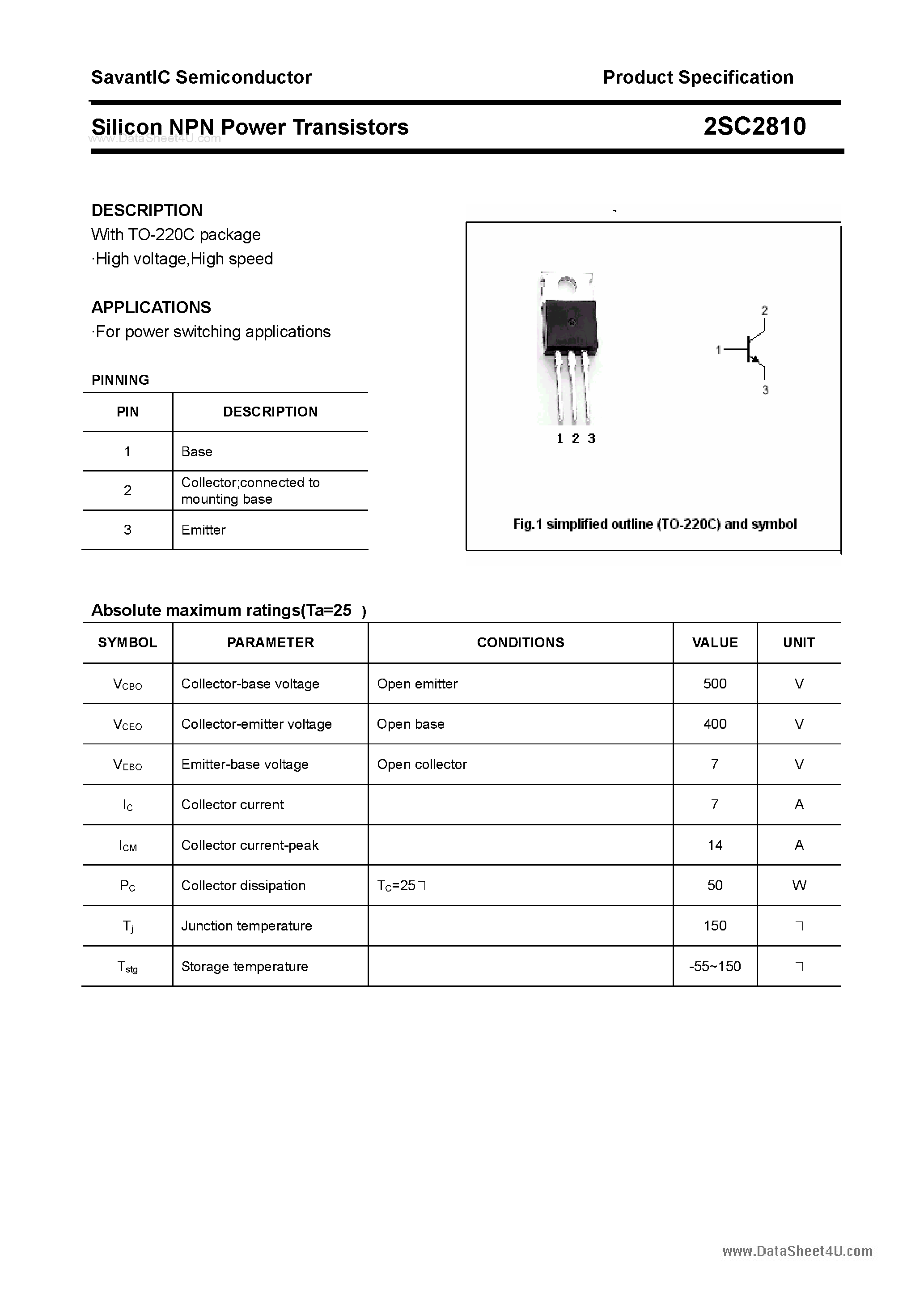 Datasheet 2SC2810 - SILICON POWER TRANSISTOR page 1