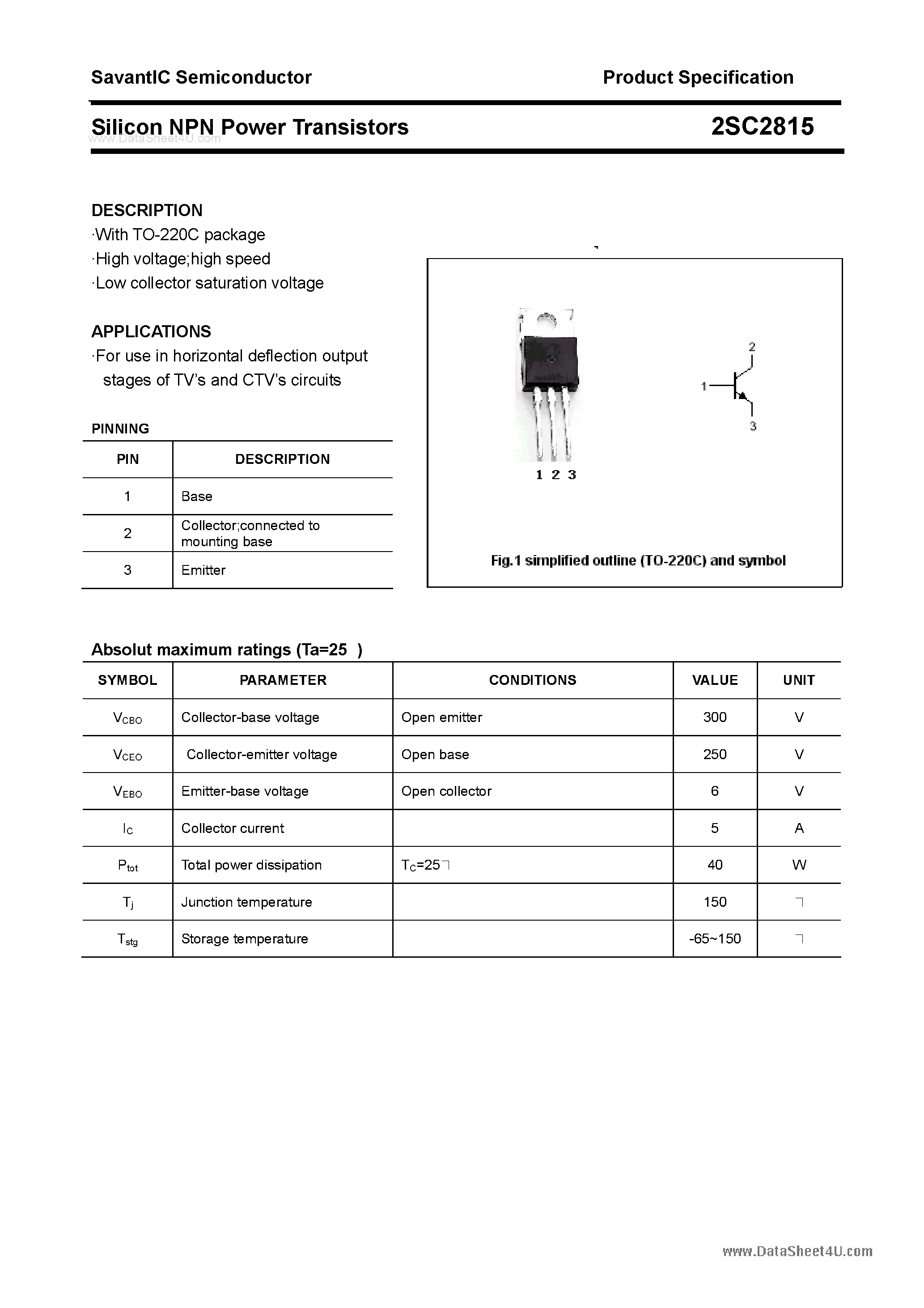 Datasheet 2SC2815 - SILICON POWER TRANSISTOR page 1
