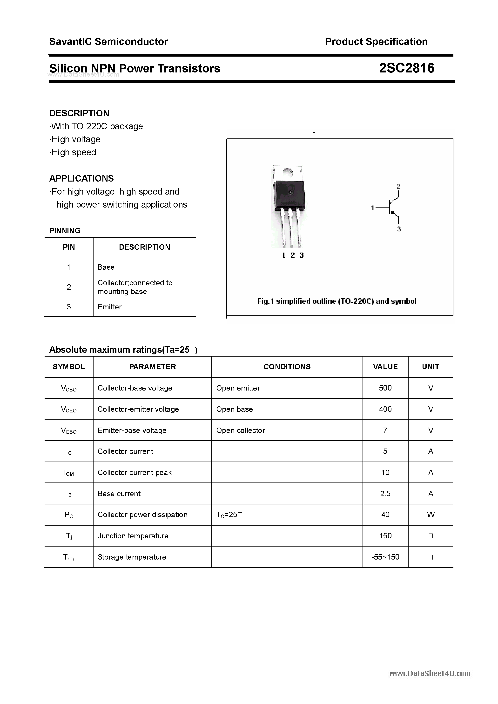 Datasheet 2SC2816 - SILICON POWER TRANSISTOR page 1