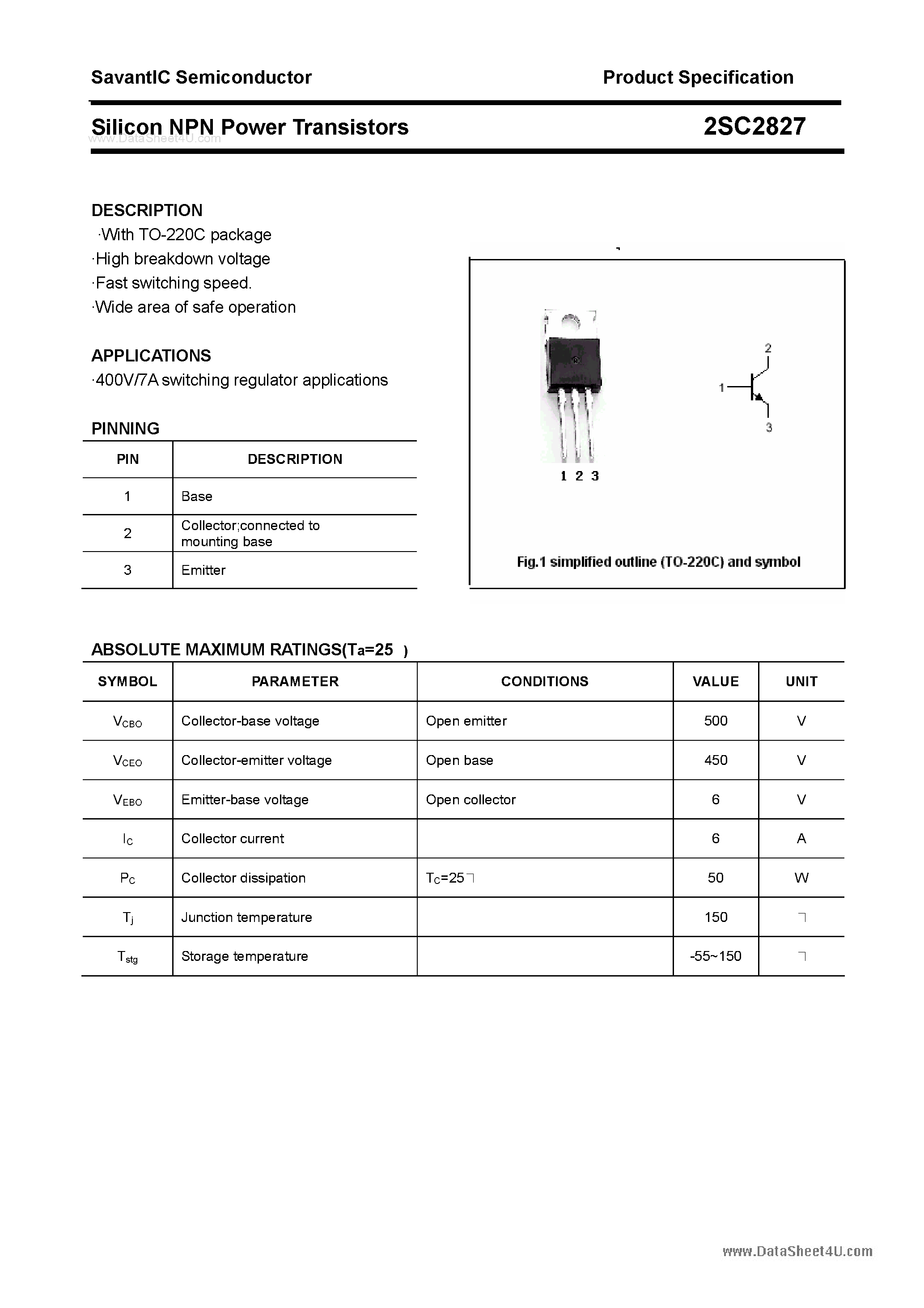 Datasheet 2SC2827 - SILICON POWER TRANSISTOR page 1