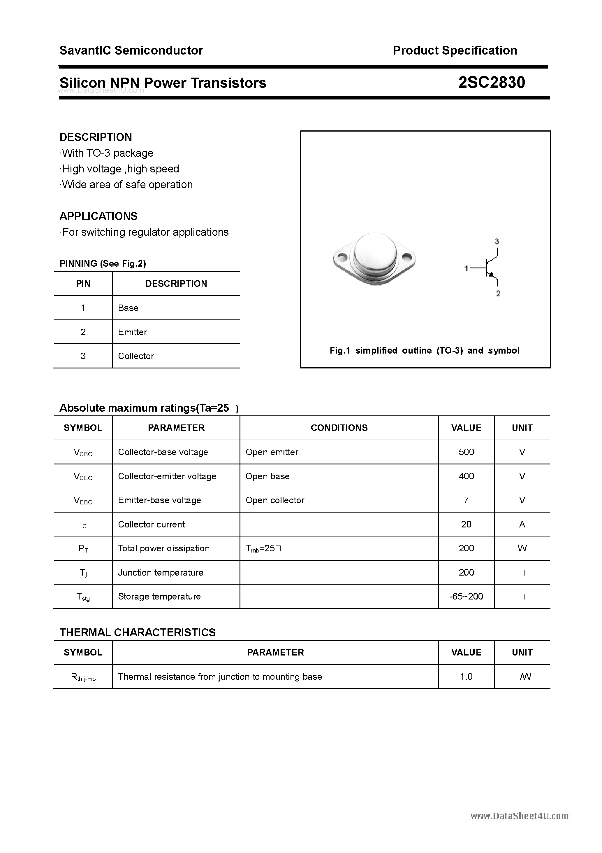 Datasheet 2SC2830 page 1 Datasheet 2SC2830 - SILICON POWER TRANSISTOR page 1