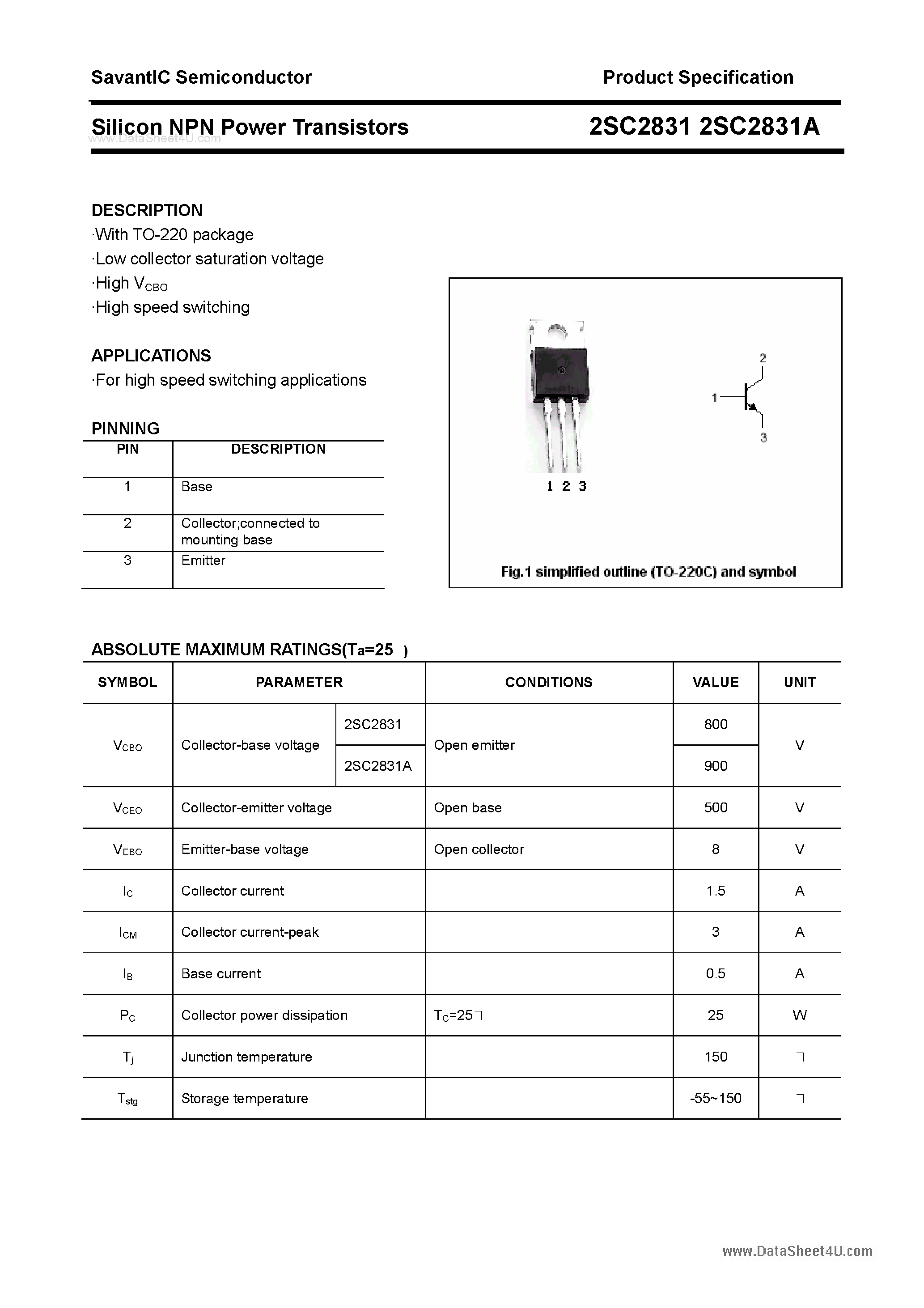 Datasheet 2SC2831 page 1 Datasheet 2SC2831 - SILICON POWER TRANSISTOR page 1