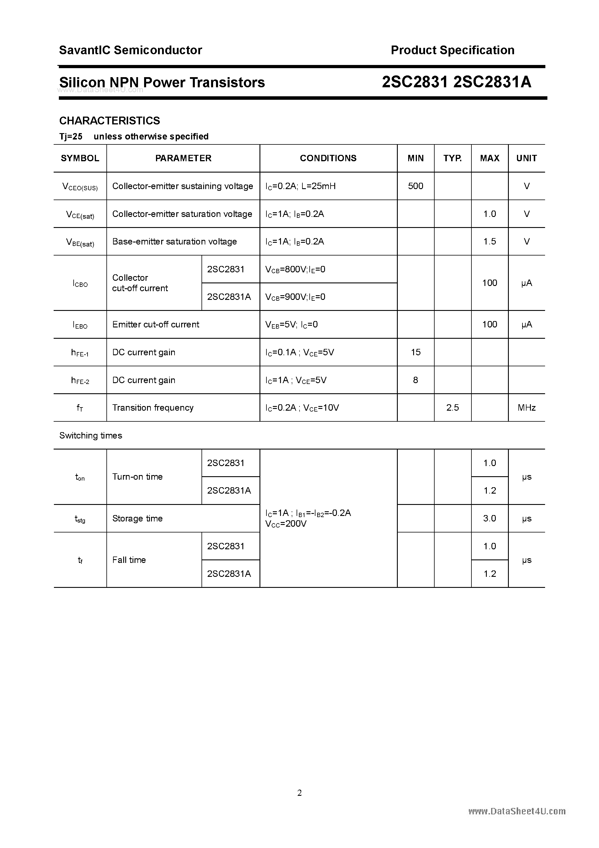 Datasheet 2SC2831 page 2 Datasheet 2SC2831 - SILICON POWER TRANSISTOR page 2