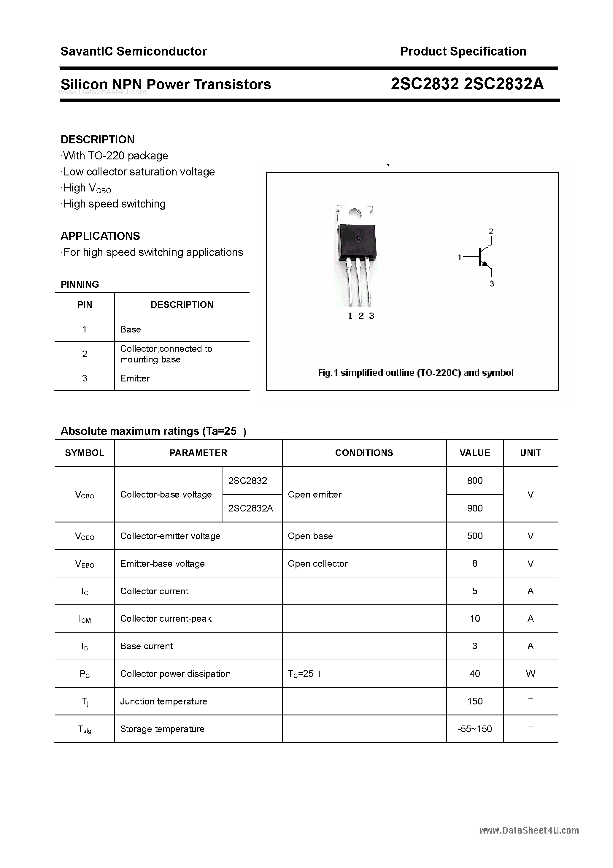 Datasheet 2SC2832 page 1 Datasheet 2SC2832 - SILICON POWER TRANSISTOR page 1