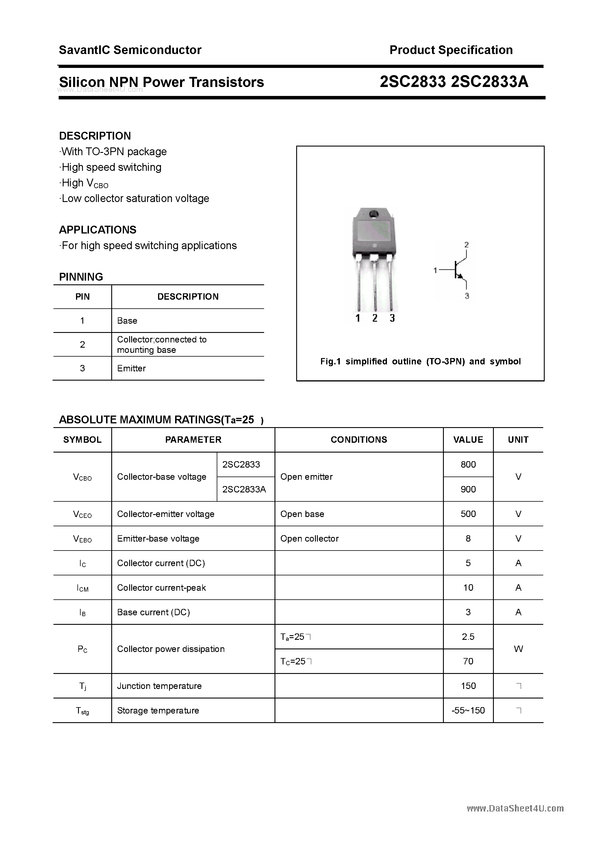Datasheet 2SC2833 - SILICON POWER TRANSISTOR page 1
