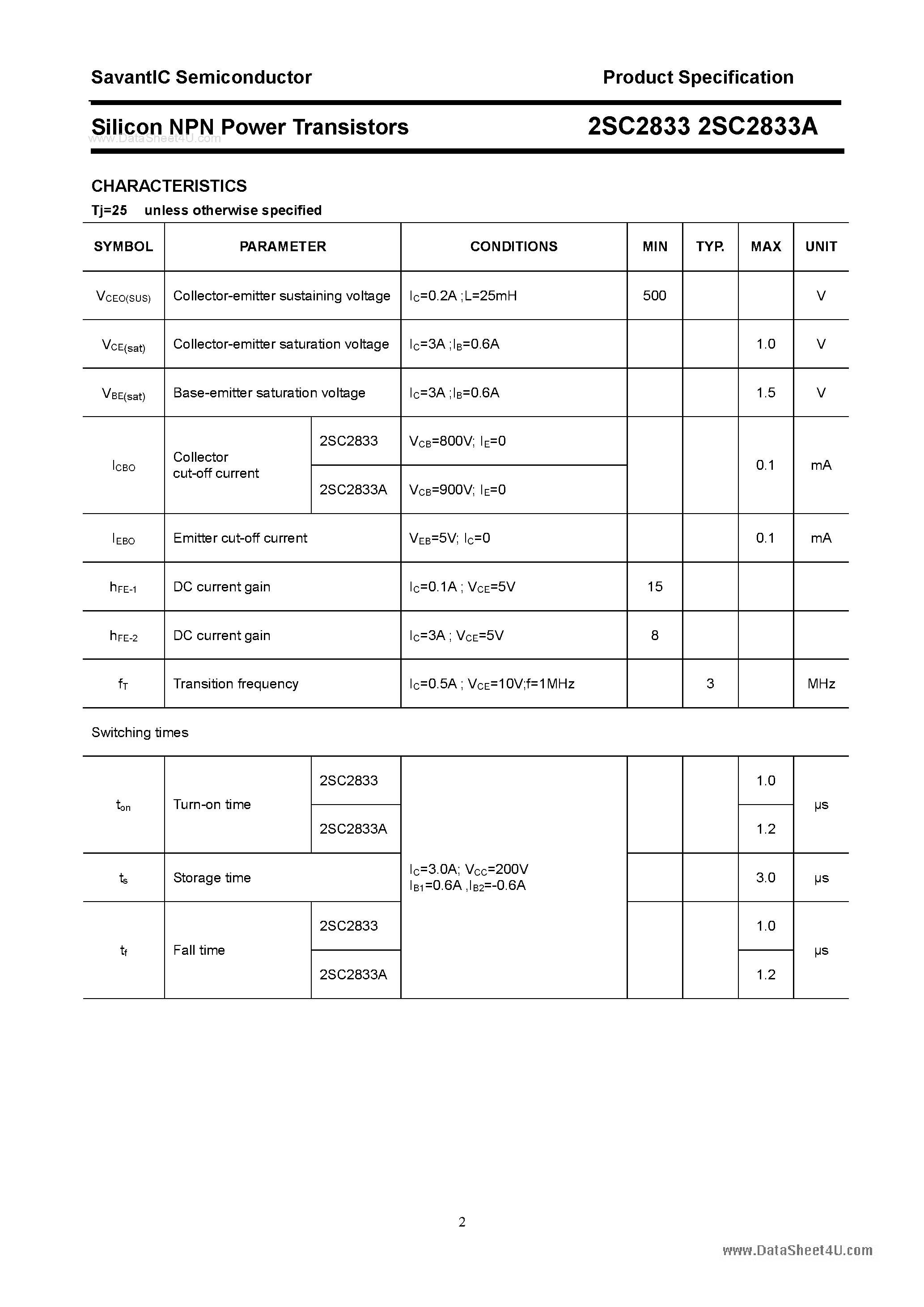 Datasheet 2SC2833 - SILICON POWER TRANSISTOR page 2