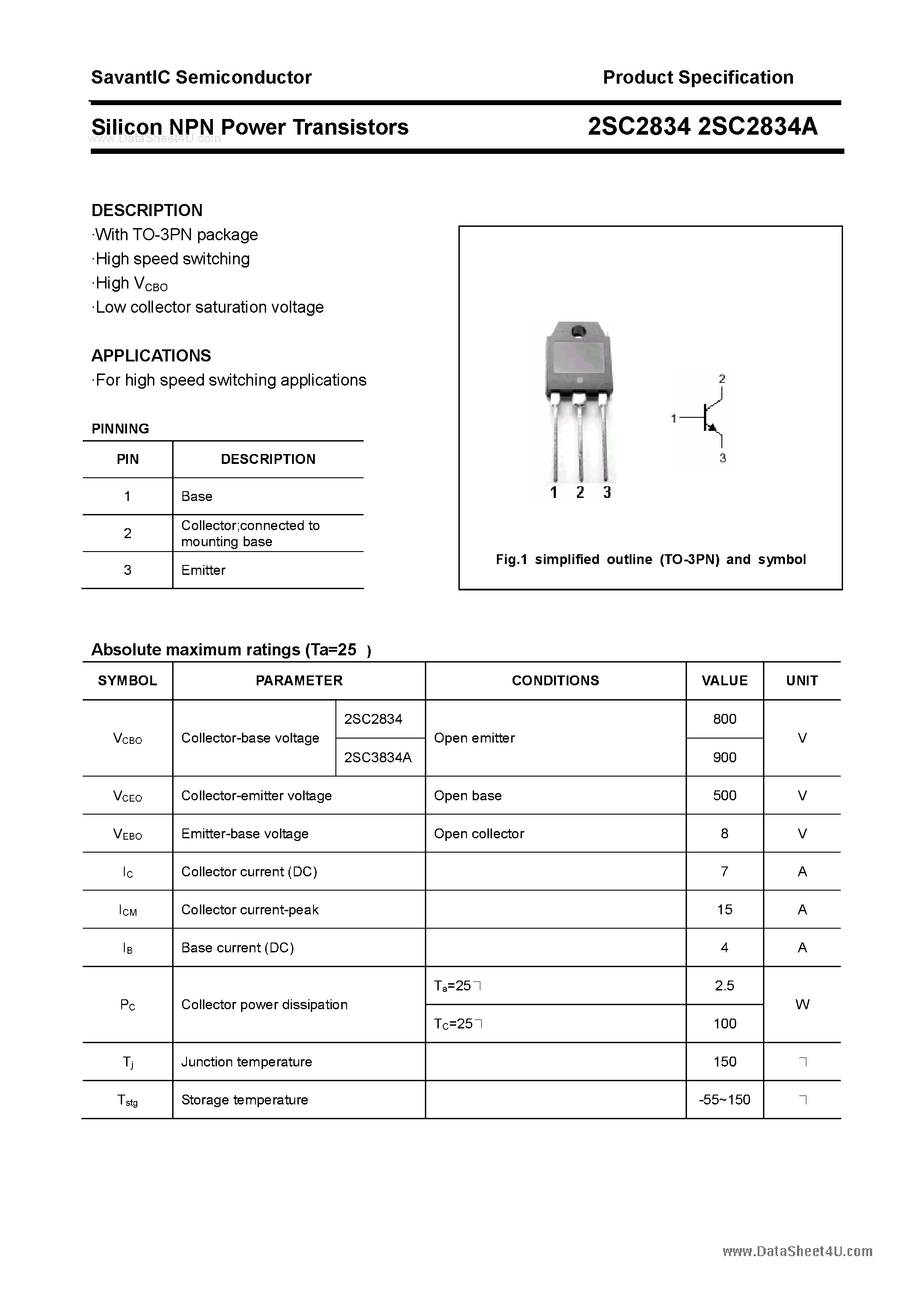 Datasheet 2SC2834 - SILICON POWER TRANSISTOR page 1