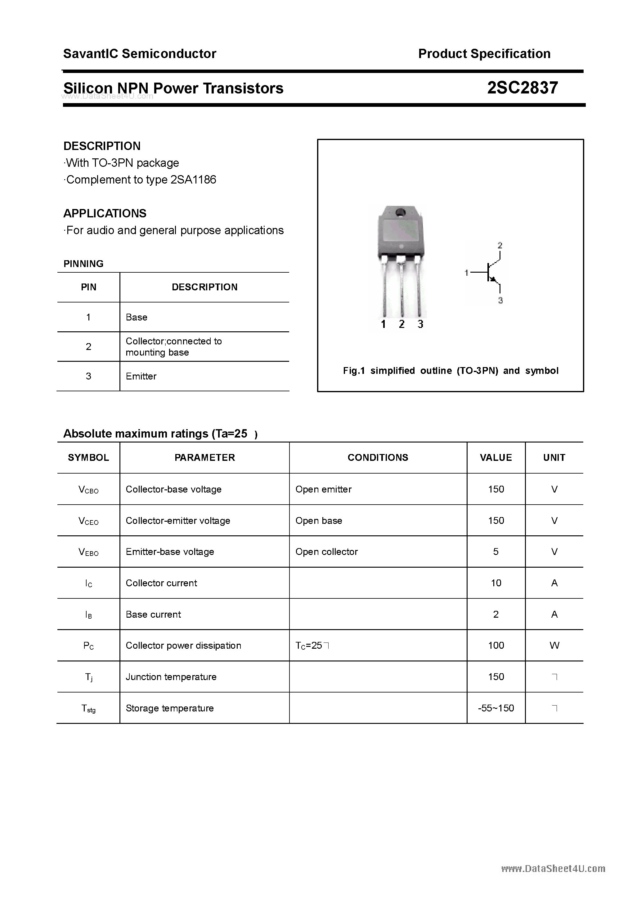 Datasheet 2SC2837 page 1 Datasheet 2SC2837 - SILICON POWER TRANSISTOR page 1