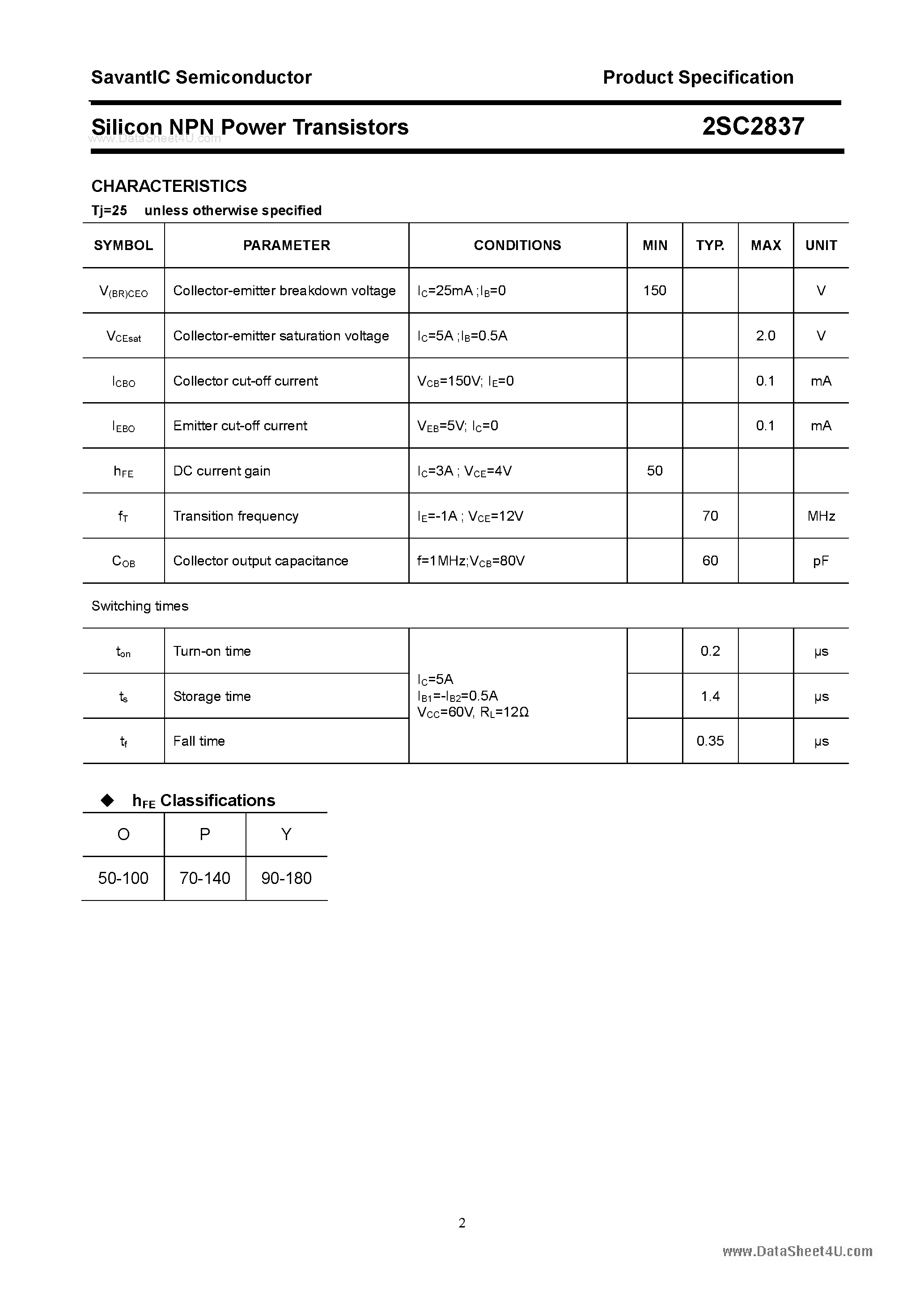 Datasheet 2SC2837 page 2 Datasheet 2SC2837 - SILICON POWER TRANSISTOR page 2