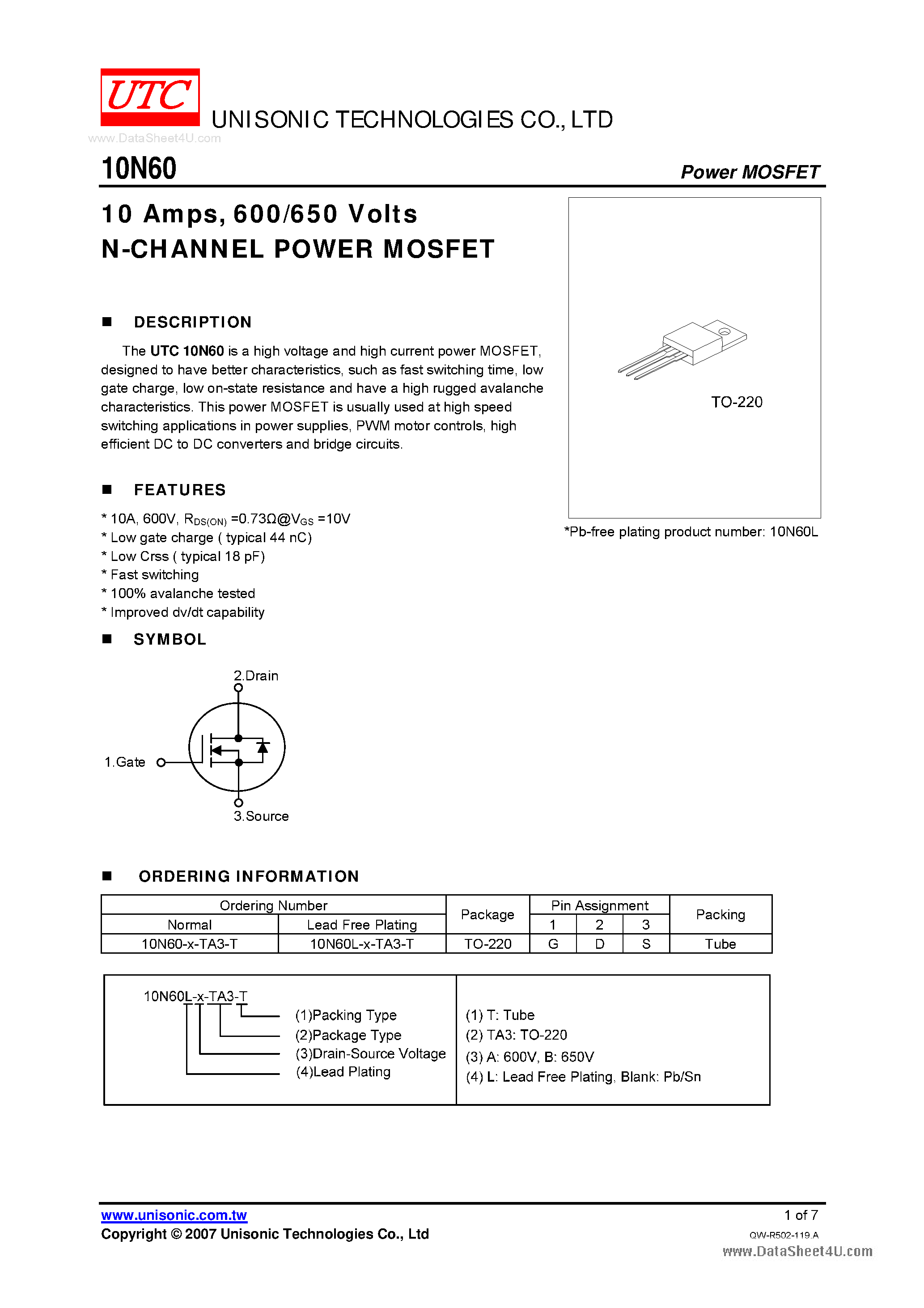 Datasheet 10N60 page 1 Datasheet 10N60 - 600/650 Volts N-CHANNEL POWER MOSFET page 1