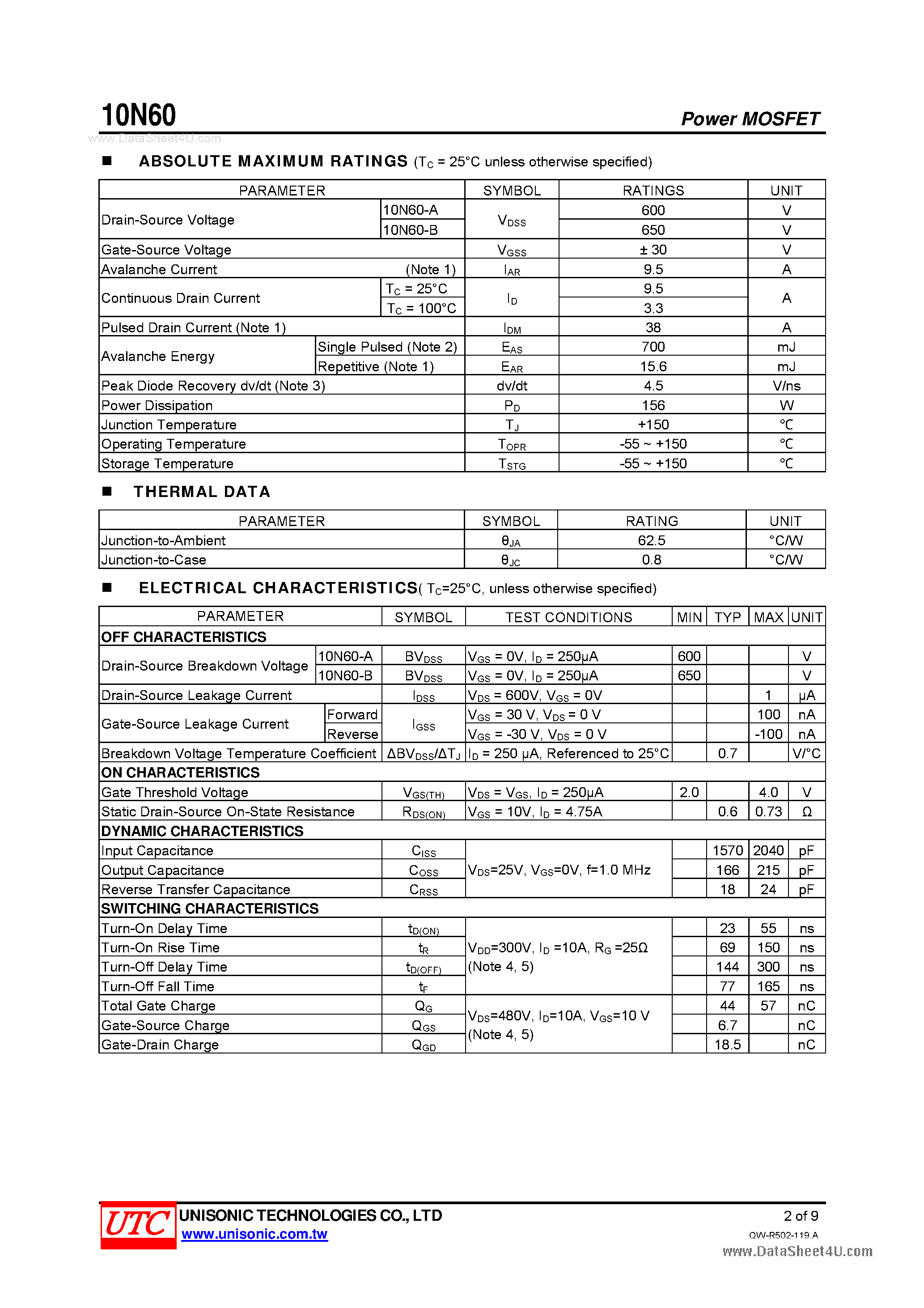 Datasheet 10N60 page 2 Datasheet 10N60 - 600/650 Volts N-CHANNEL POWER MOSFET page 2