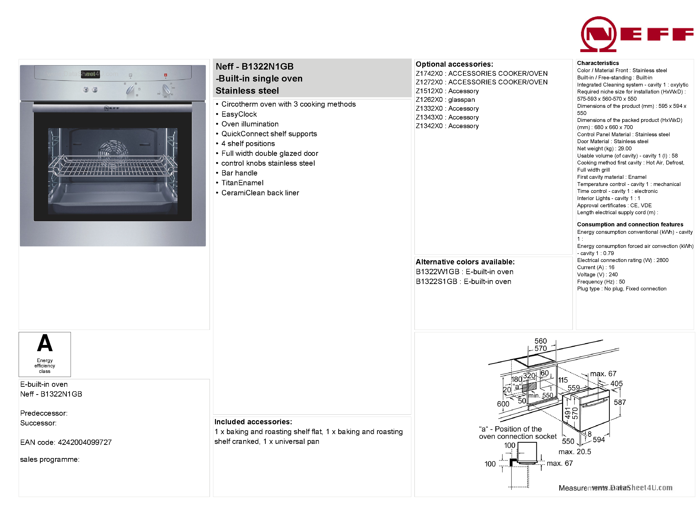 Даташит B1322N1GB - Built int Single oven Stainless Steel страница 1