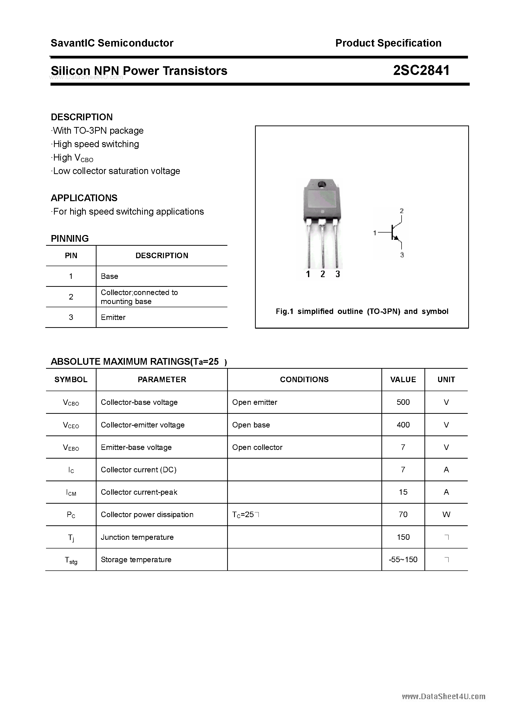 Datasheet 2SC2841 page 1 Datasheet 2SC2841 - SILICON POWER TRANSISTOR page 1