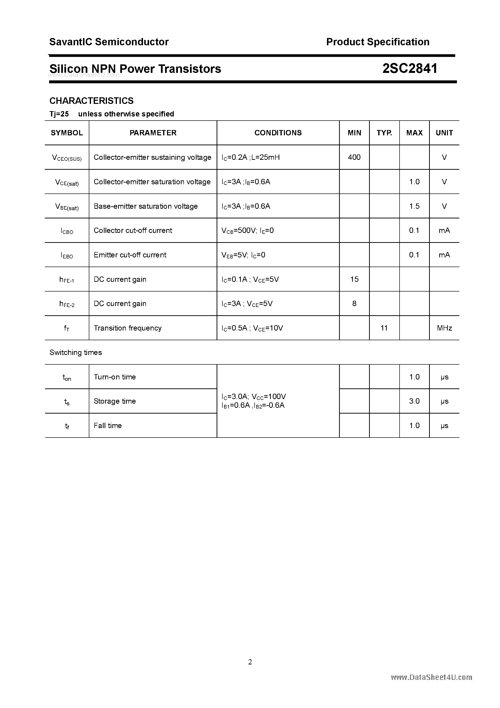 Datasheet 2SC2841 page 2 Datasheet 2SC2841 - SILICON POWER TRANSISTOR page 2