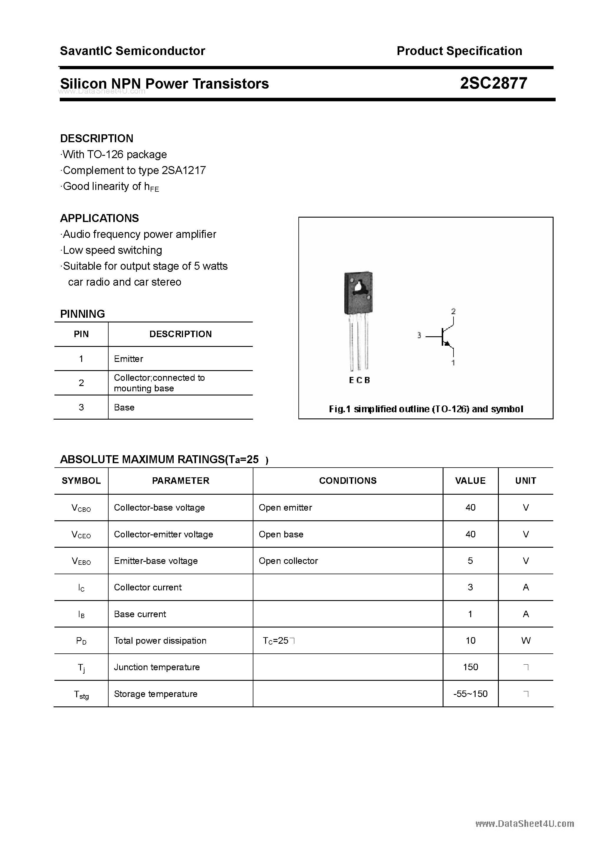 Datasheet 2SC2877 page 1 Datasheet 2SC2877 - SILICON POWER TRANSISTOR page 1