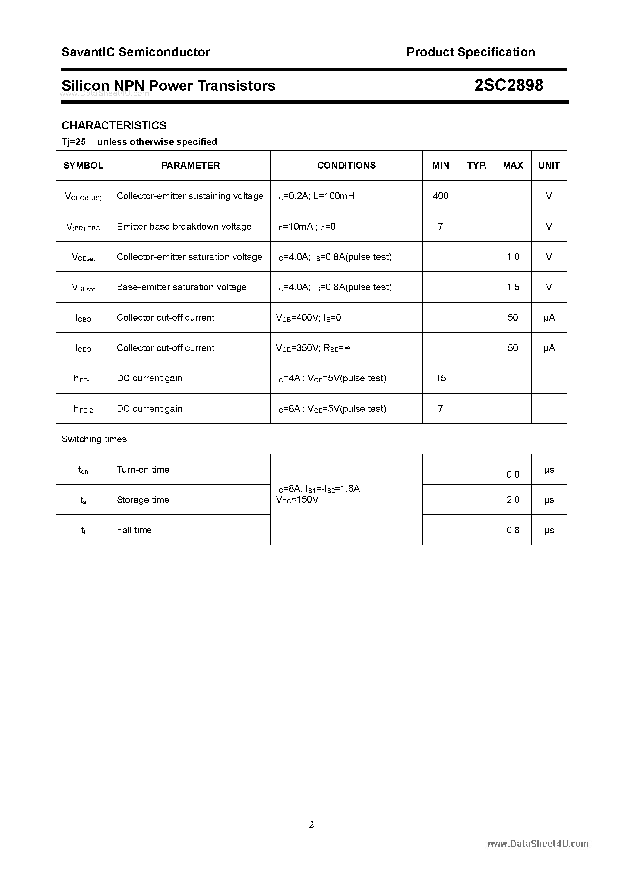 Datasheet 2SC2898 page 2 Datasheet 2SC2898 - SILICON POWER TRANSISTOR page 2