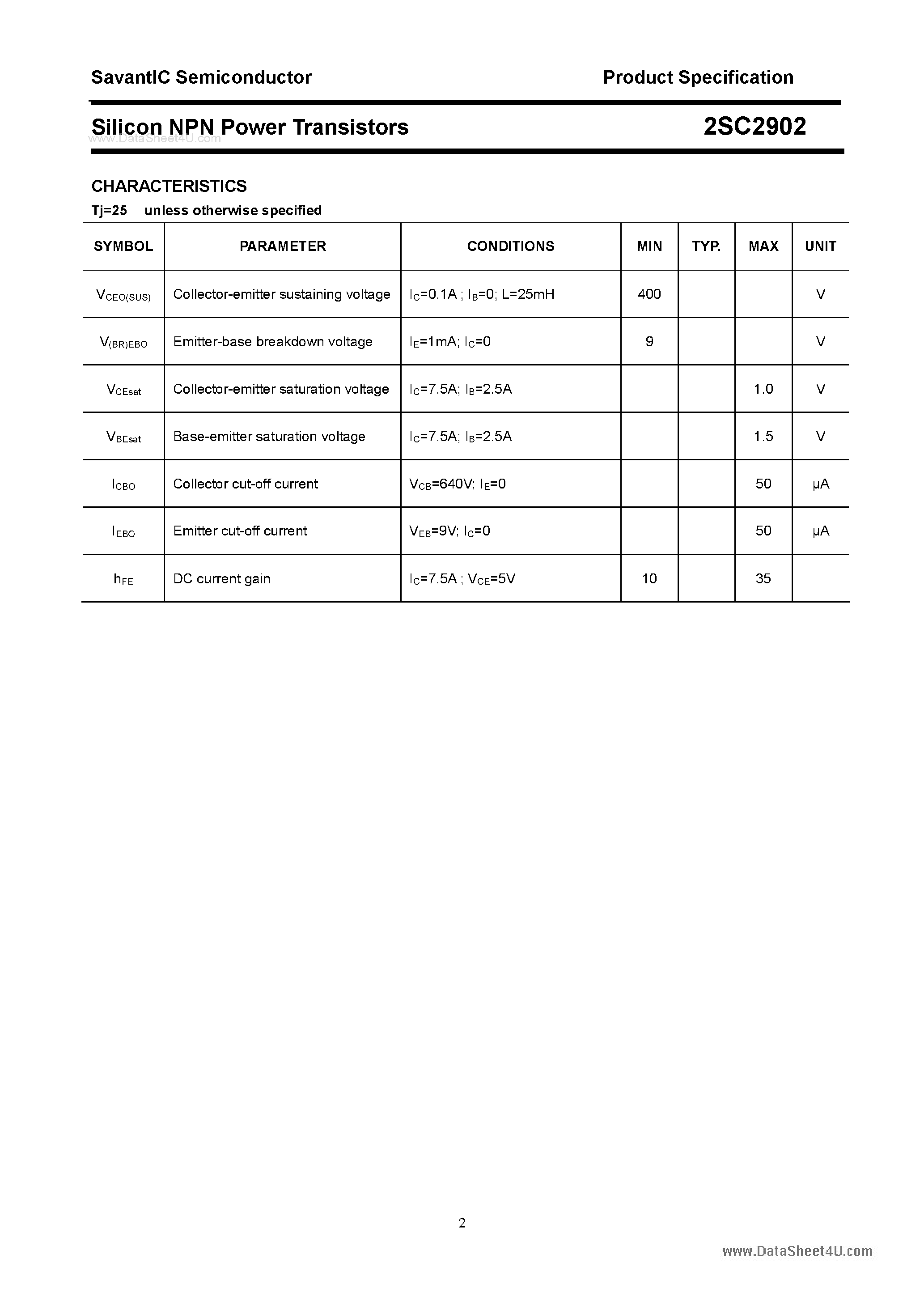 Datasheet 2SC2902 page 2 Datasheet 2SC2902 - SILICON POWER TRANSISTOR page 2