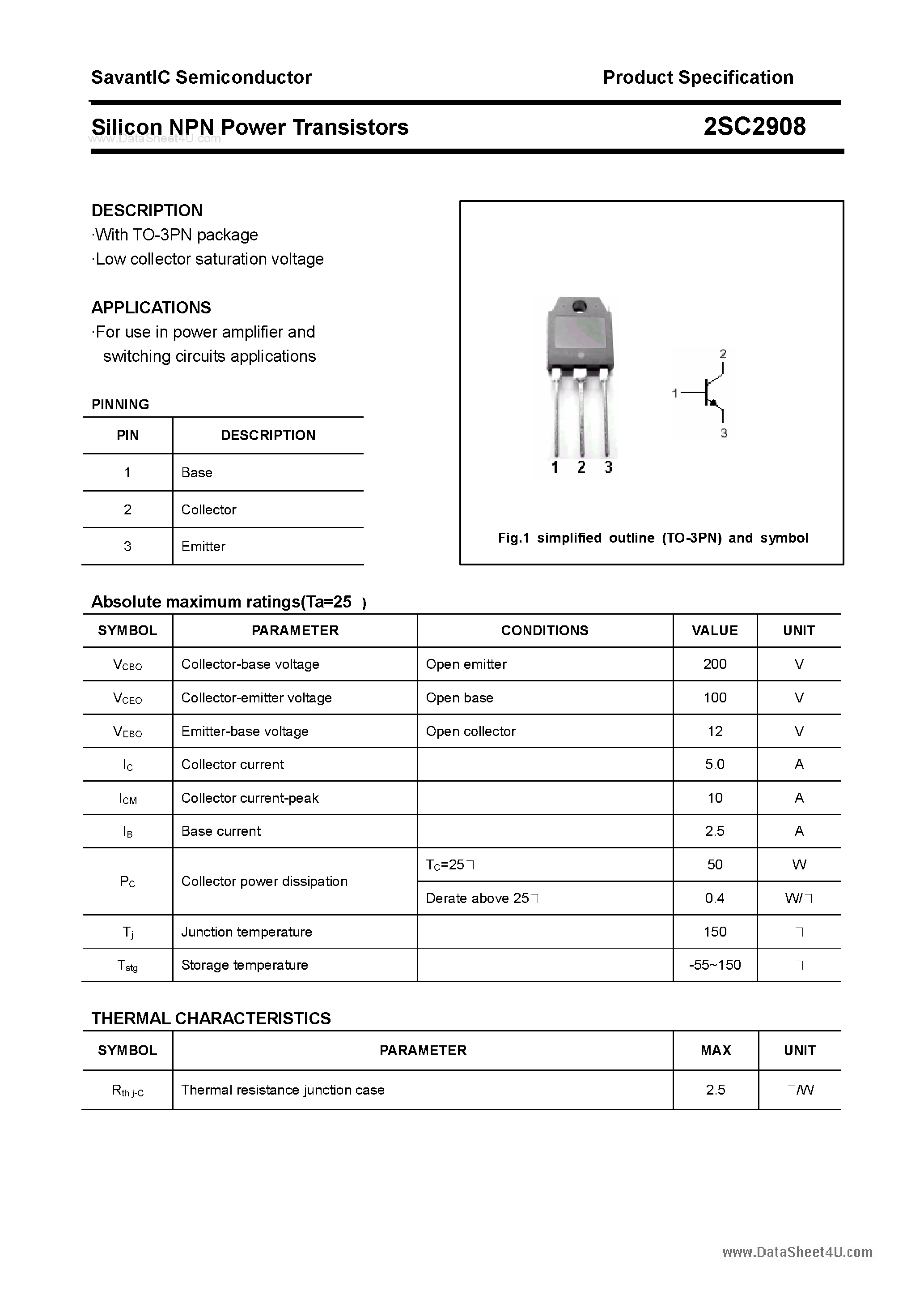 Datasheet 2SC2908 page 1 Datasheet 2SC2908 - SILICON POWER TRANSISTOR page 1