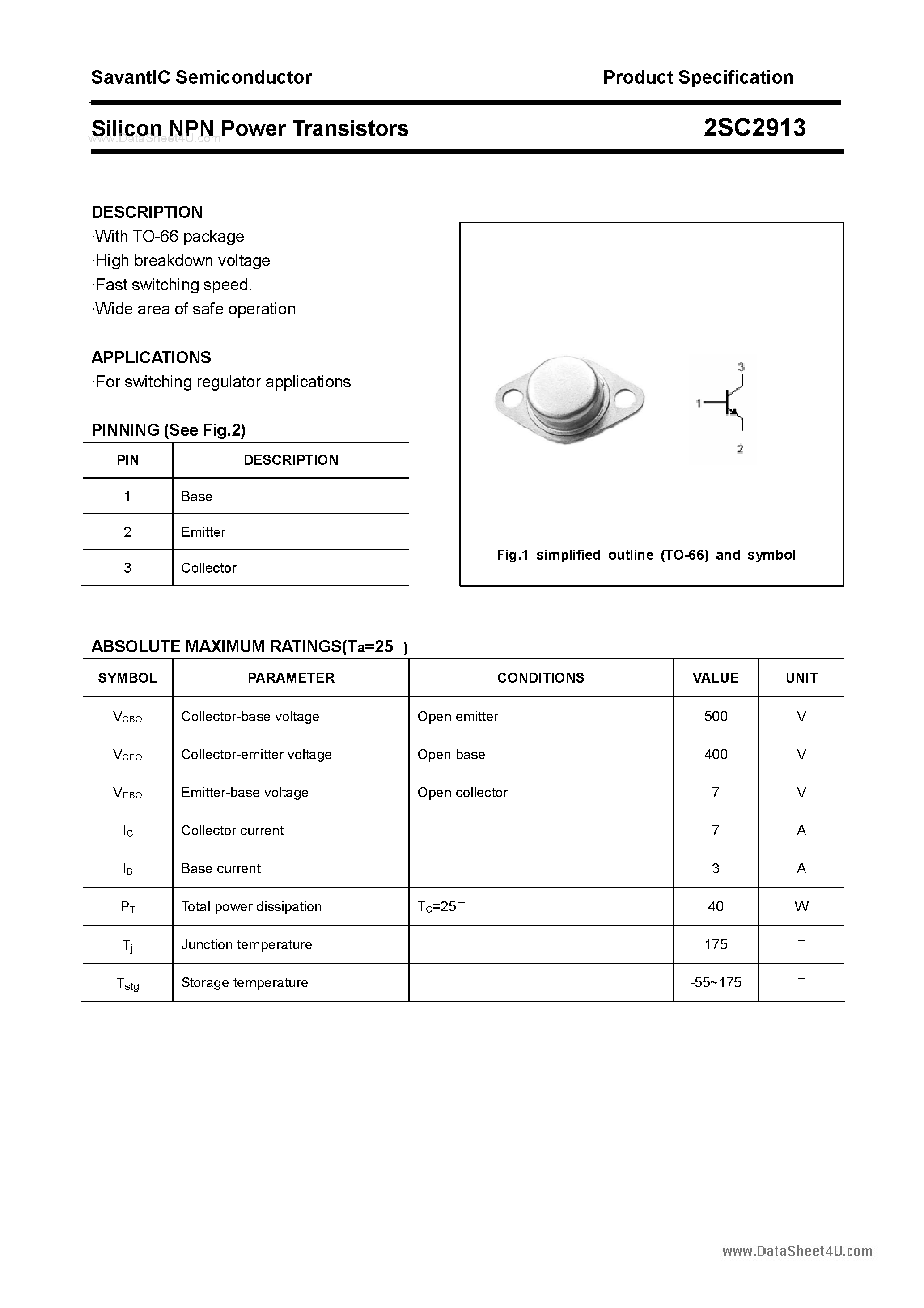 Datasheet 2SC2913 - SILICON POWER TRANSISTOR page 1