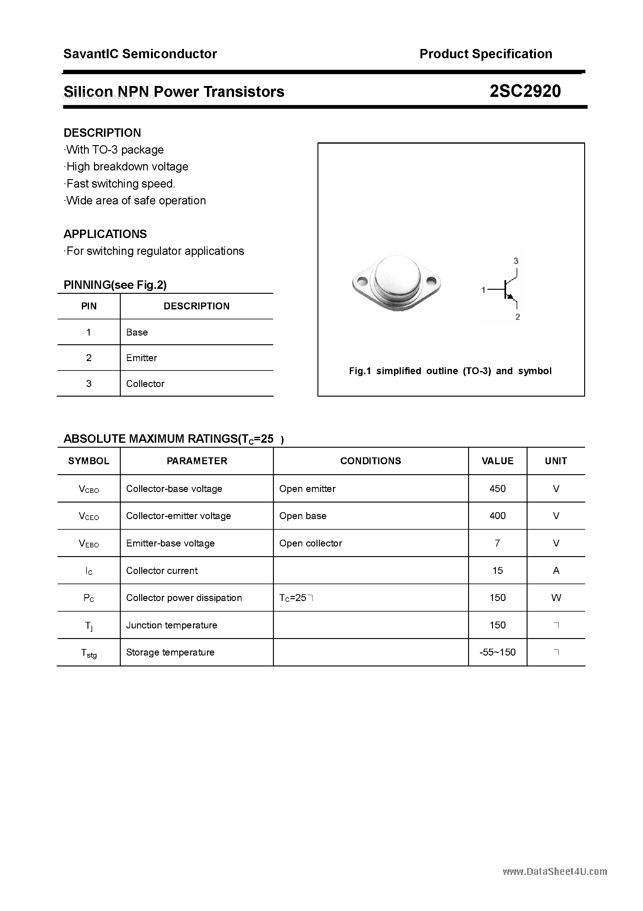 Datasheet 2SC2920 - SILICON POWER TRANSISTOR page 1