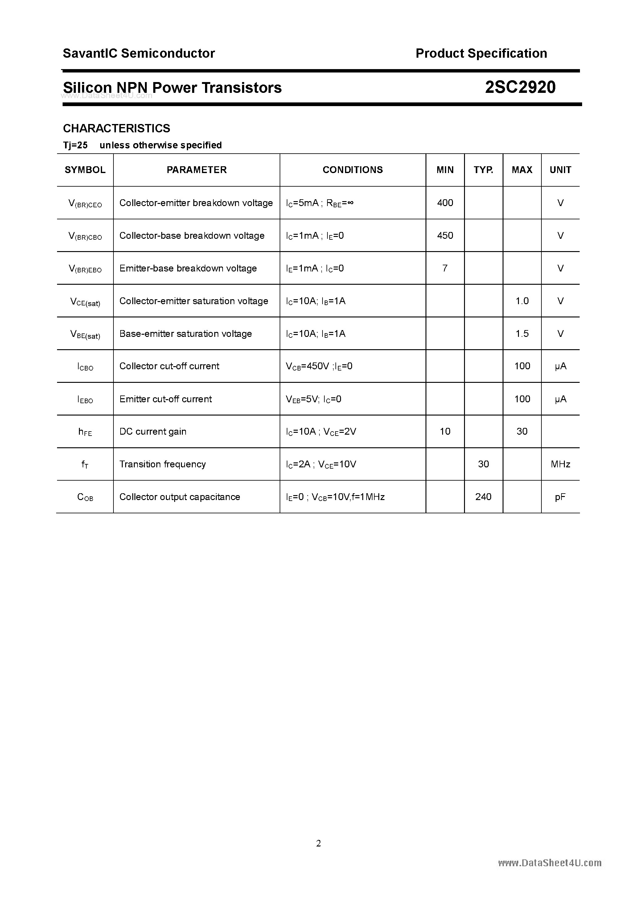 Datasheet 2SC2920 - SILICON POWER TRANSISTOR page 2