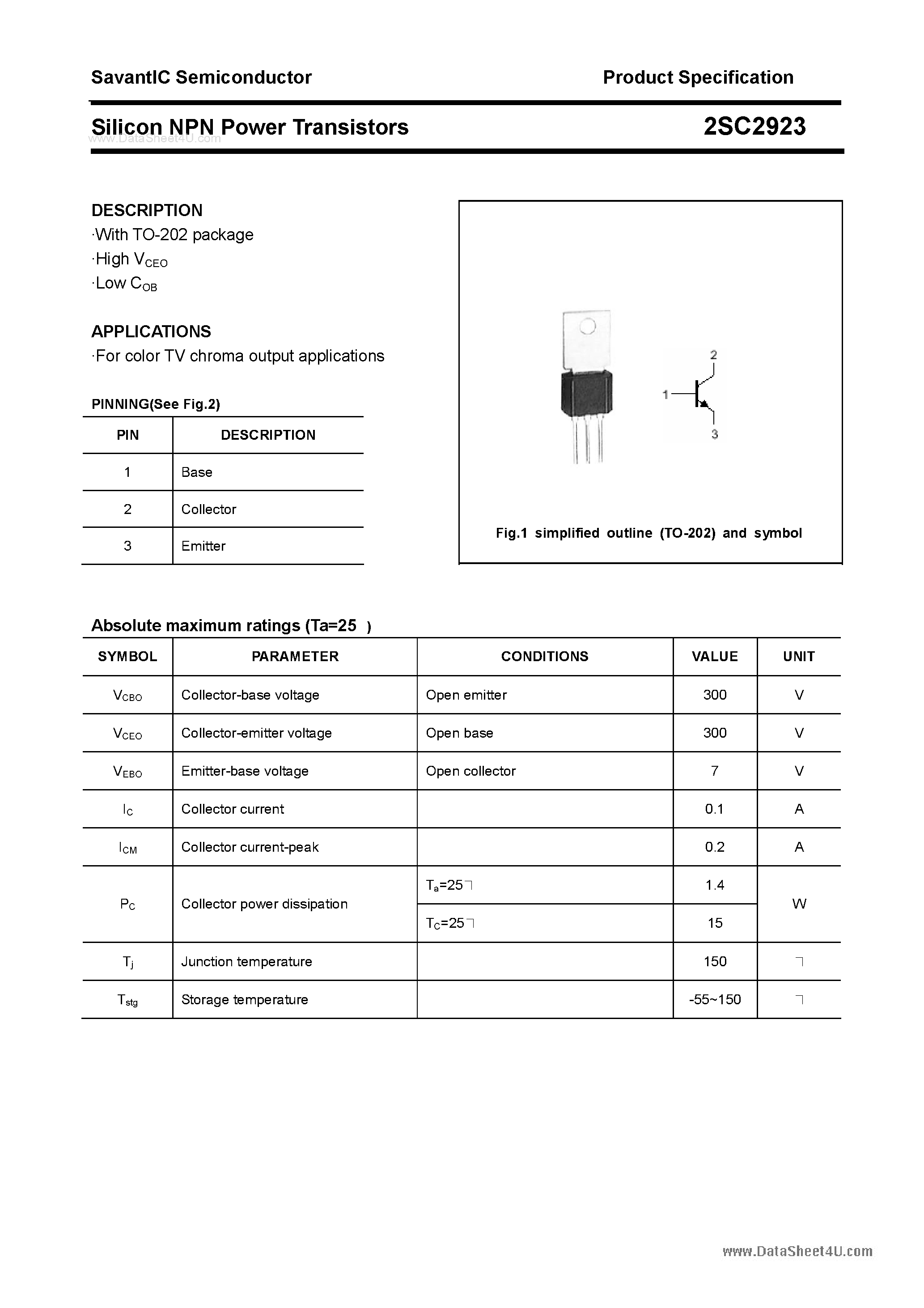 Datasheet 2SC2923 page 1 Datasheet 2SC2923 - SILICON POWER TRANSISTOR page 1
