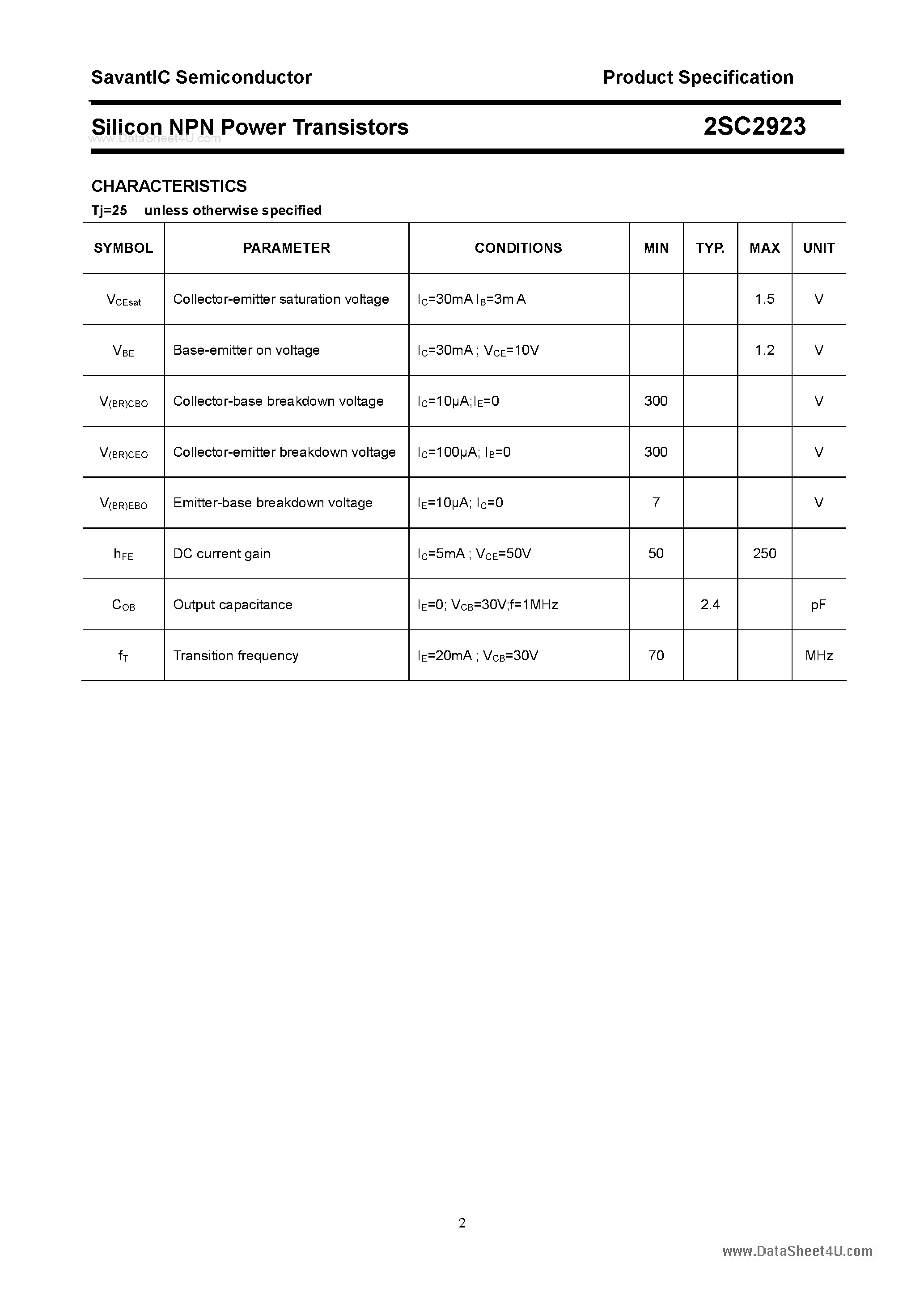 Datasheet 2SC2923 page 2 Datasheet 2SC2923 - SILICON POWER TRANSISTOR page 2