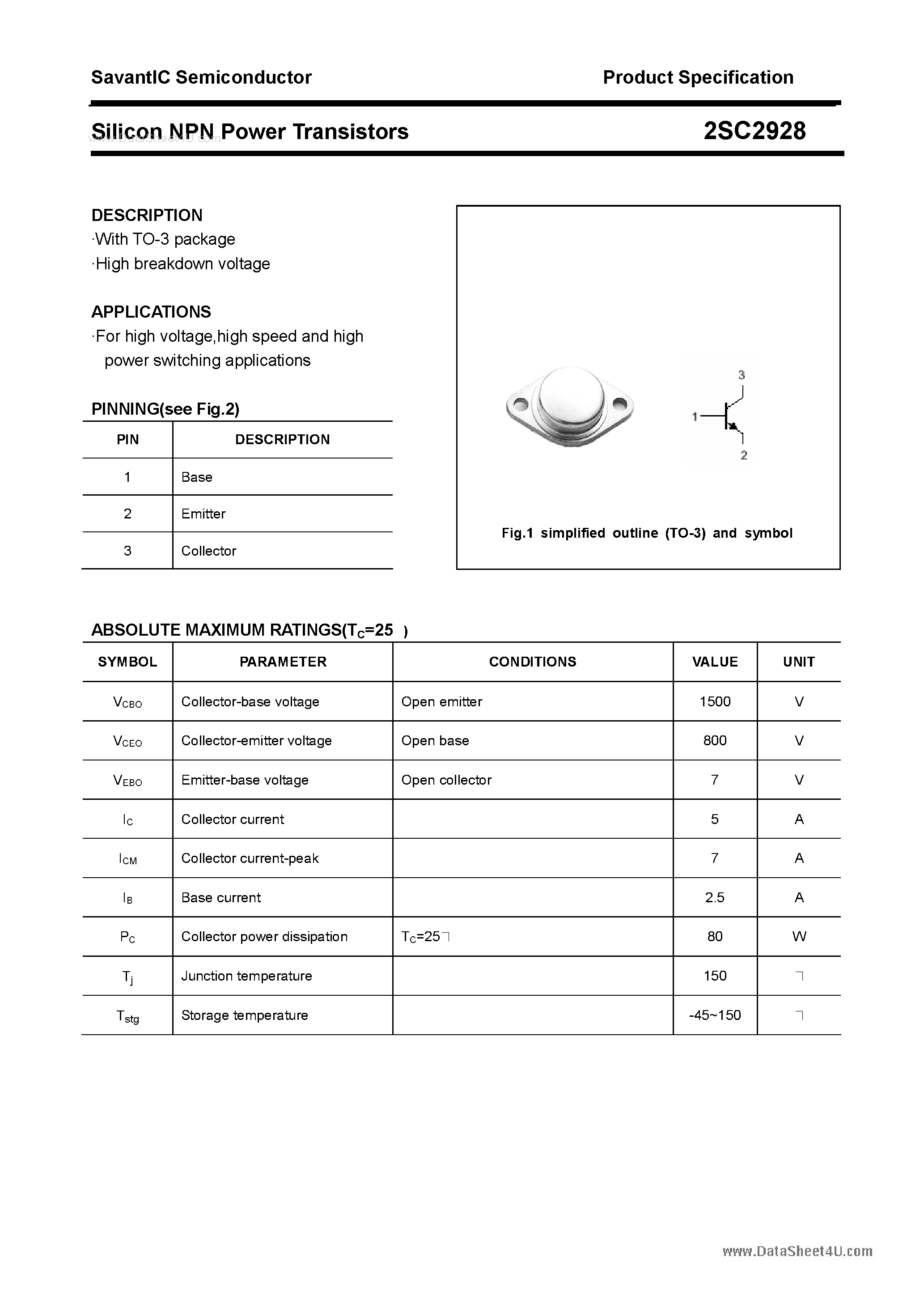 Datasheet 2SC2928 page 1 Datasheet 2SC2928 - SILICON POWER TRANSISTOR page 1
