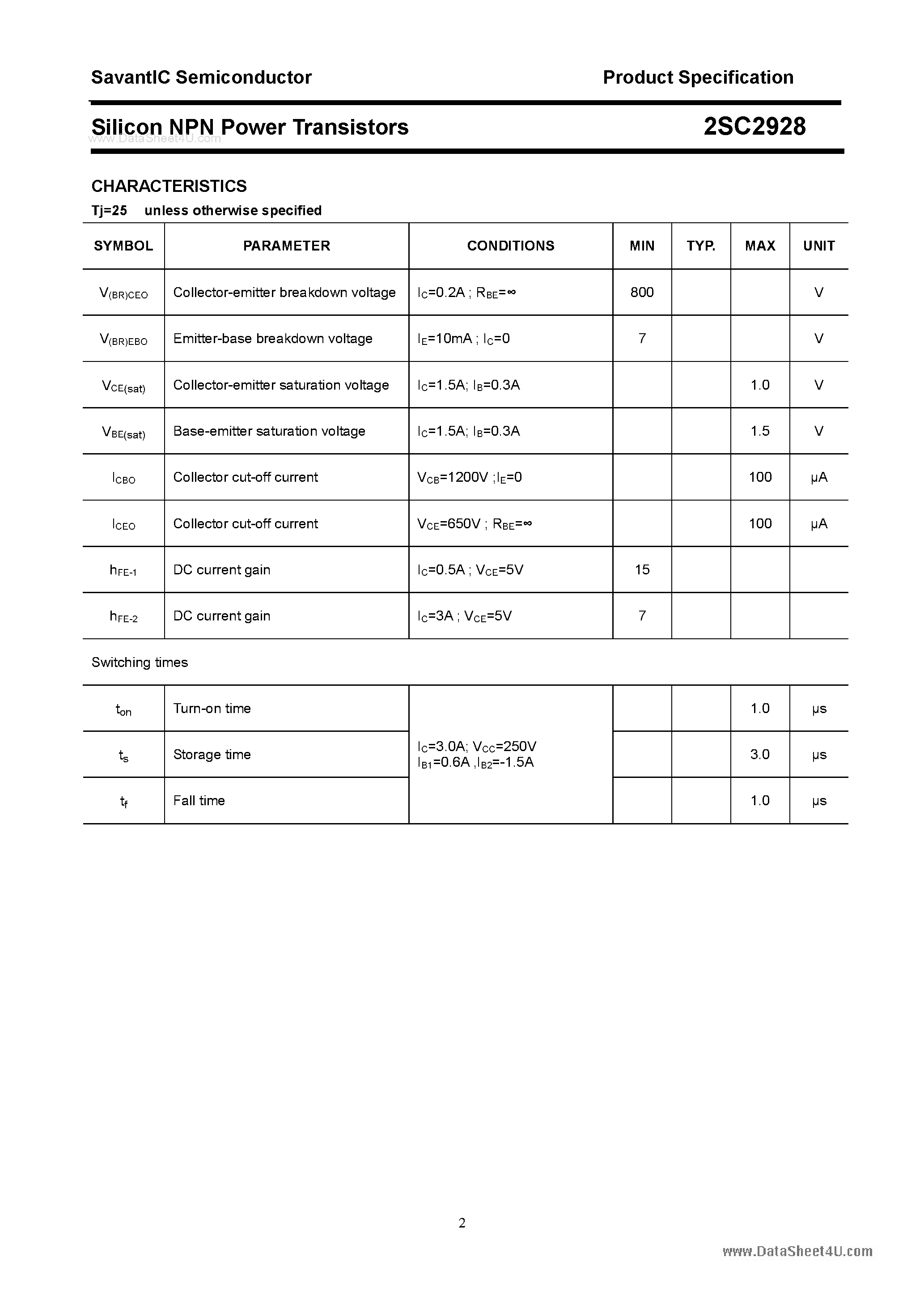 Datasheet 2SC2928 page 2 Datasheet 2SC2928 - SILICON POWER TRANSISTOR page 2