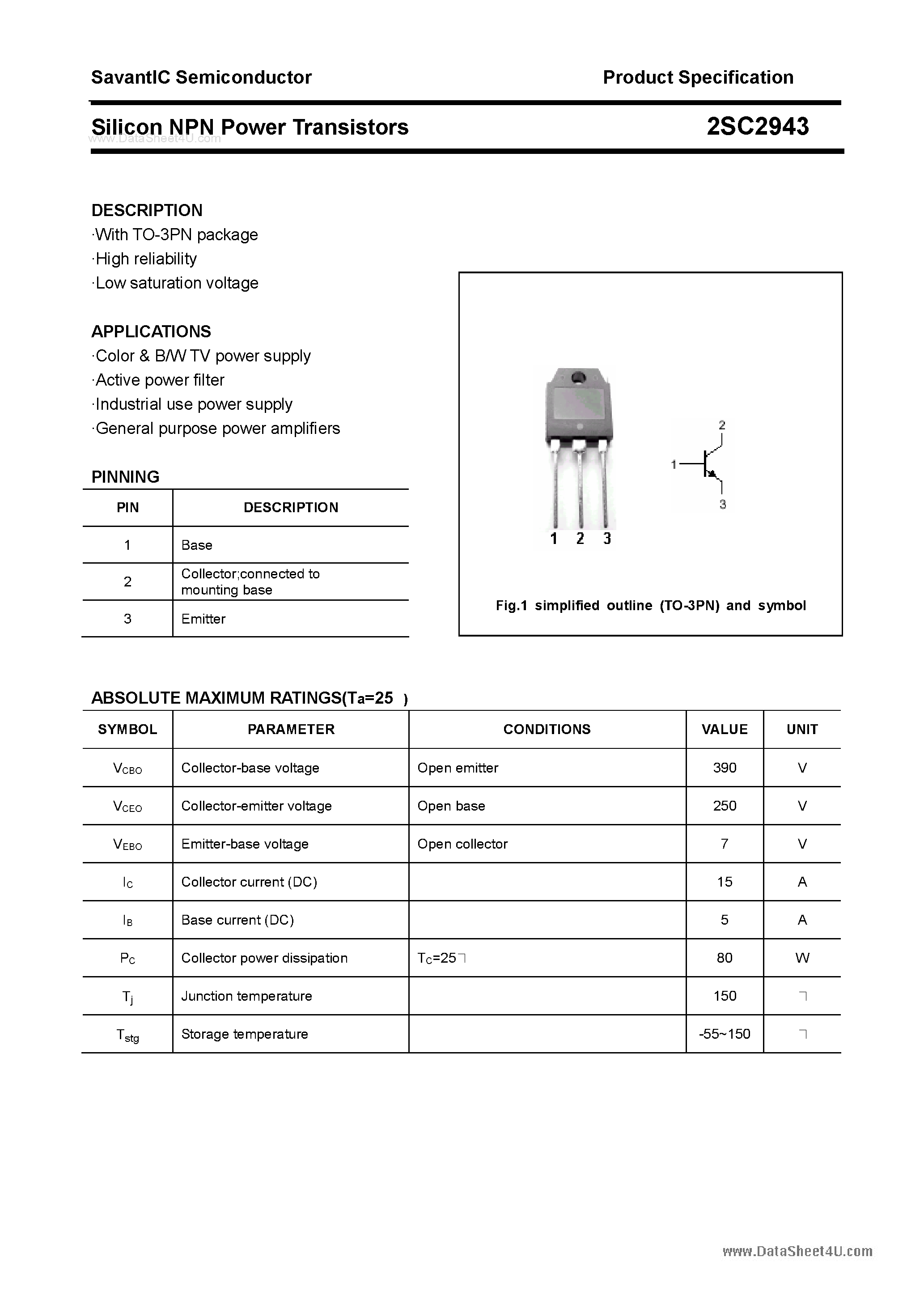 Datasheet 2SC2943 - SILICON POWER TRANSISTOR page 1