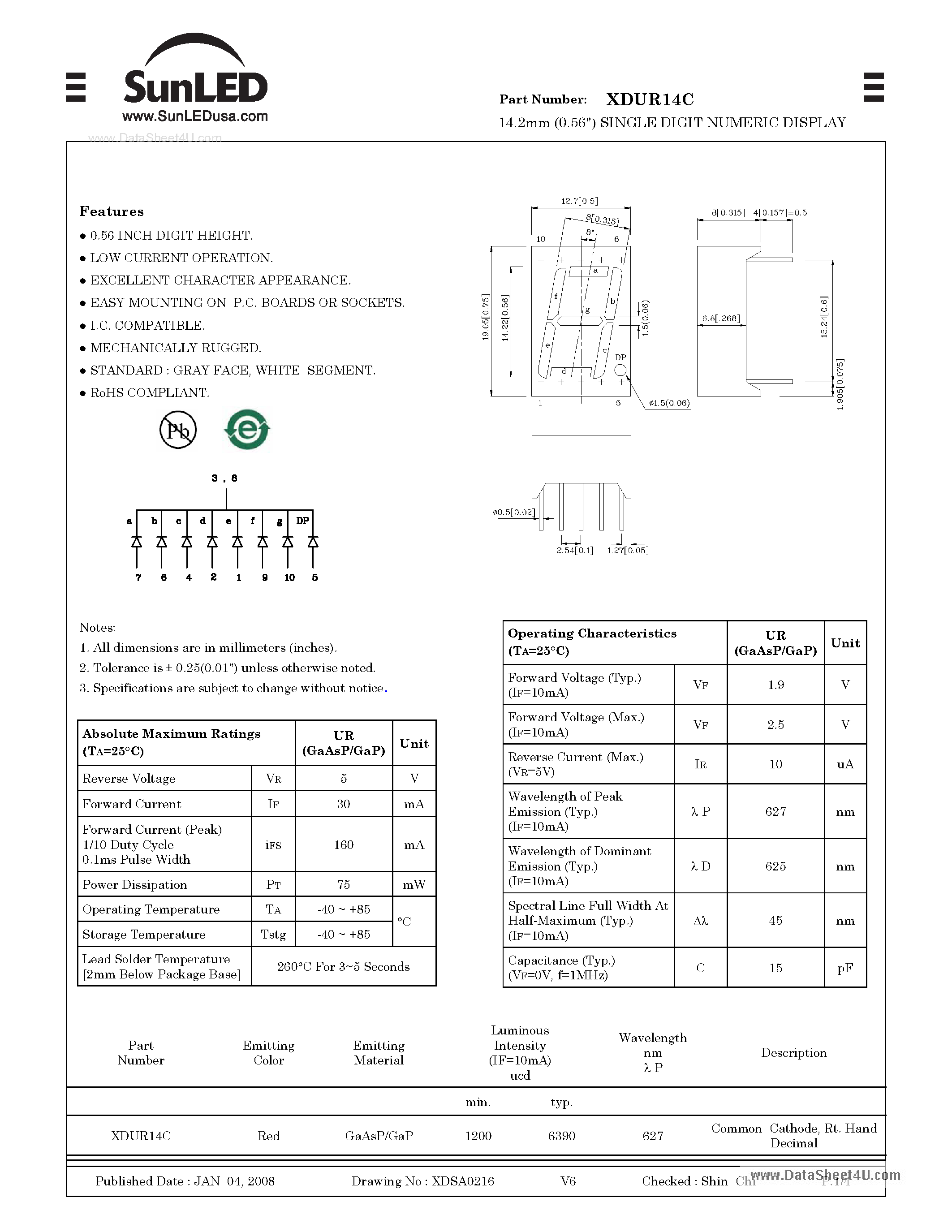 Datasheet XDUR14C page 1 Datasheet XDUR14C - 14.2mm (0.56") SINGLE DIGIT NUMERIC DISPLAY page 1