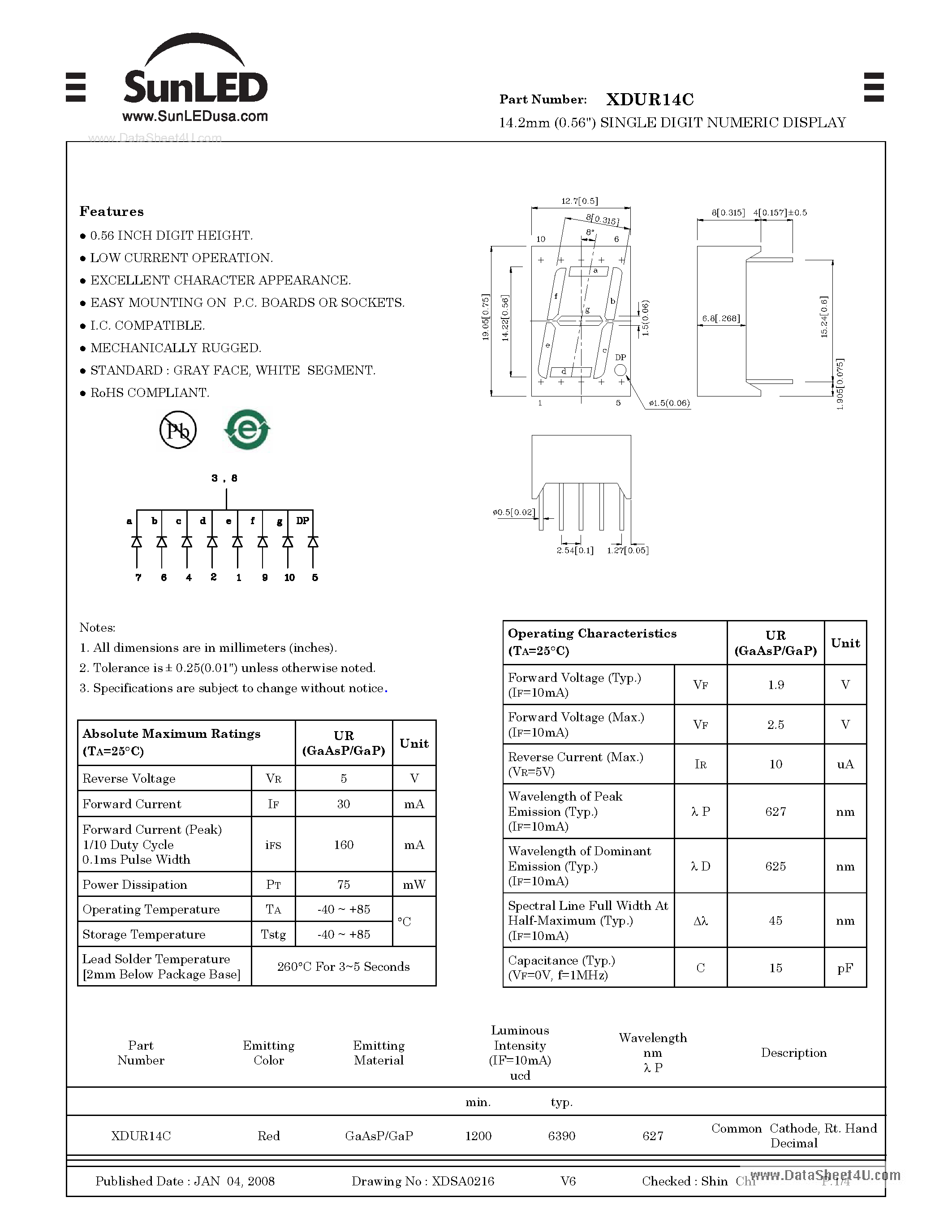 Datasheet XDUR14C - 14.2mm (0.56") SINGLE DIGIT NUMERIC DISPLAY page 1