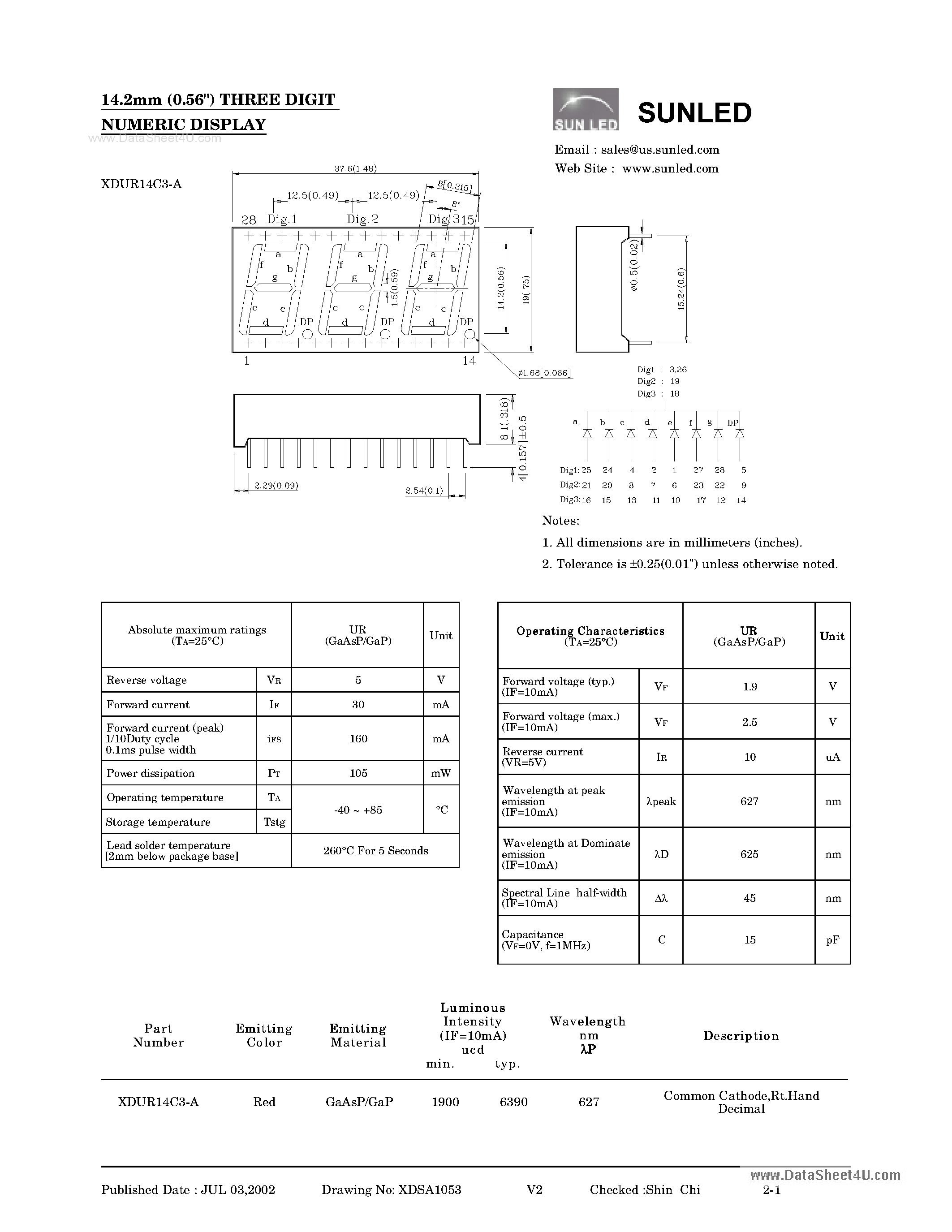 Datasheet XDUR14C3-A - DIGIT NUMERIC DISPLAY page 1