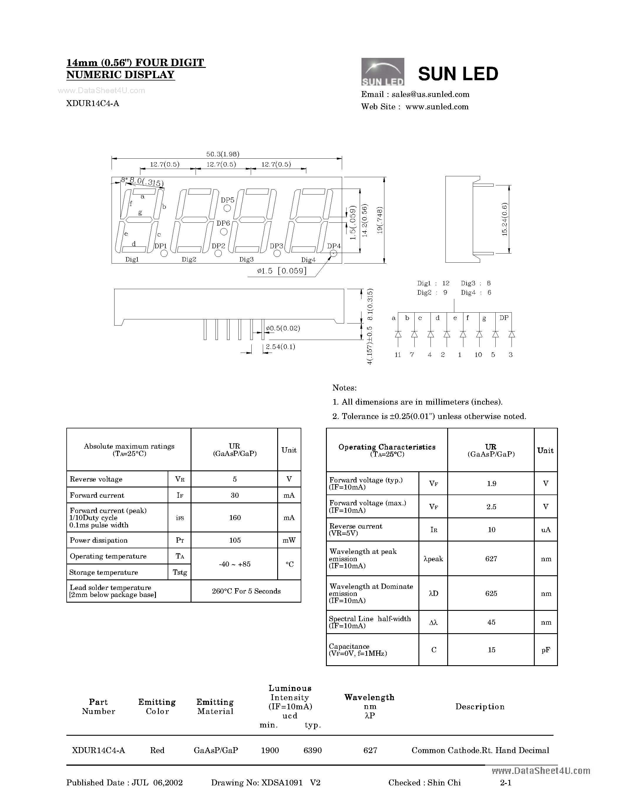Datasheet XDUR14C4-A - DIGIT NUMERIC DISPLAY page 1