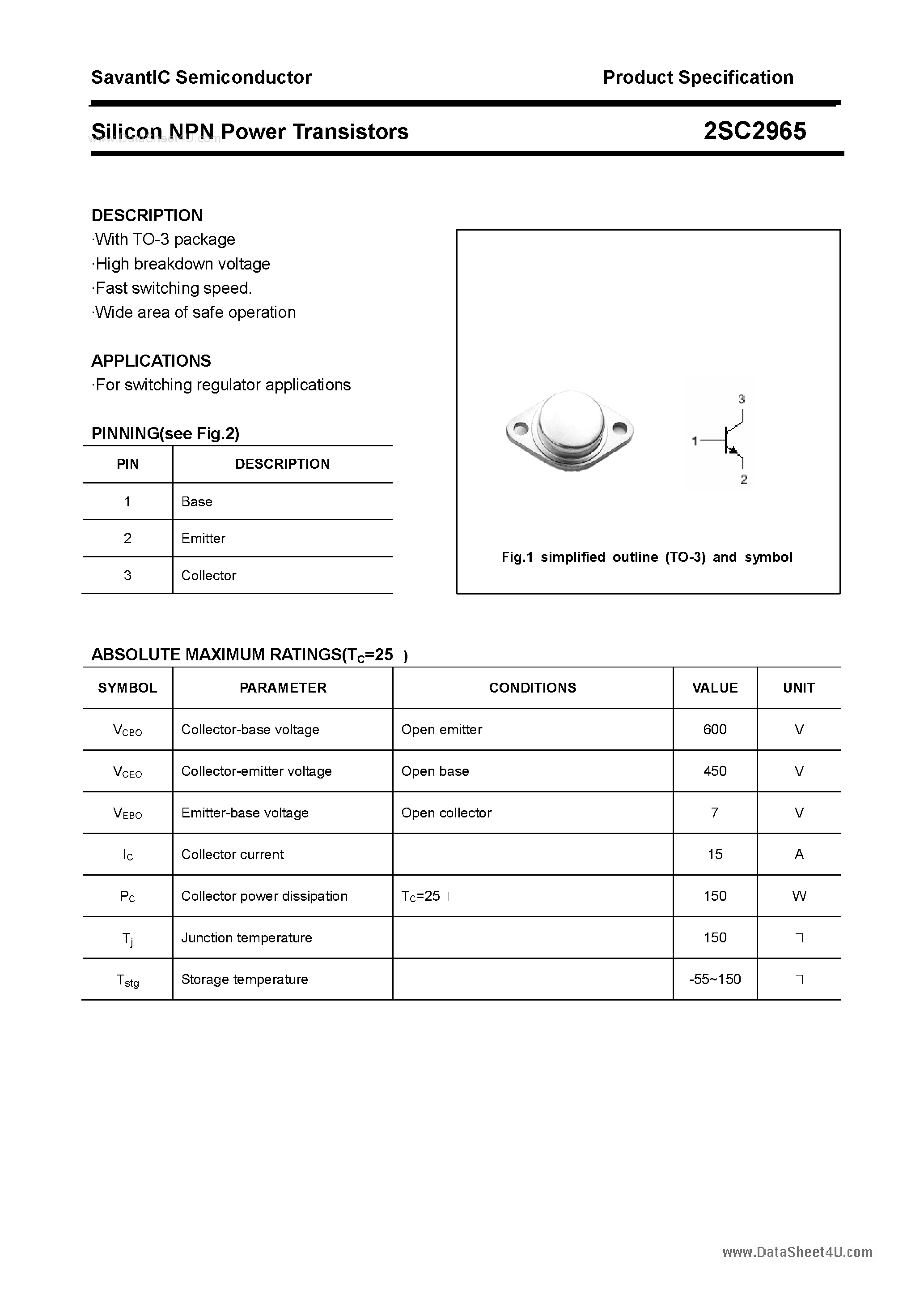 Datasheet 2SC2965 page 1 Datasheet 2SC2965 - SILICON POWER TRANSISTOR page 1
