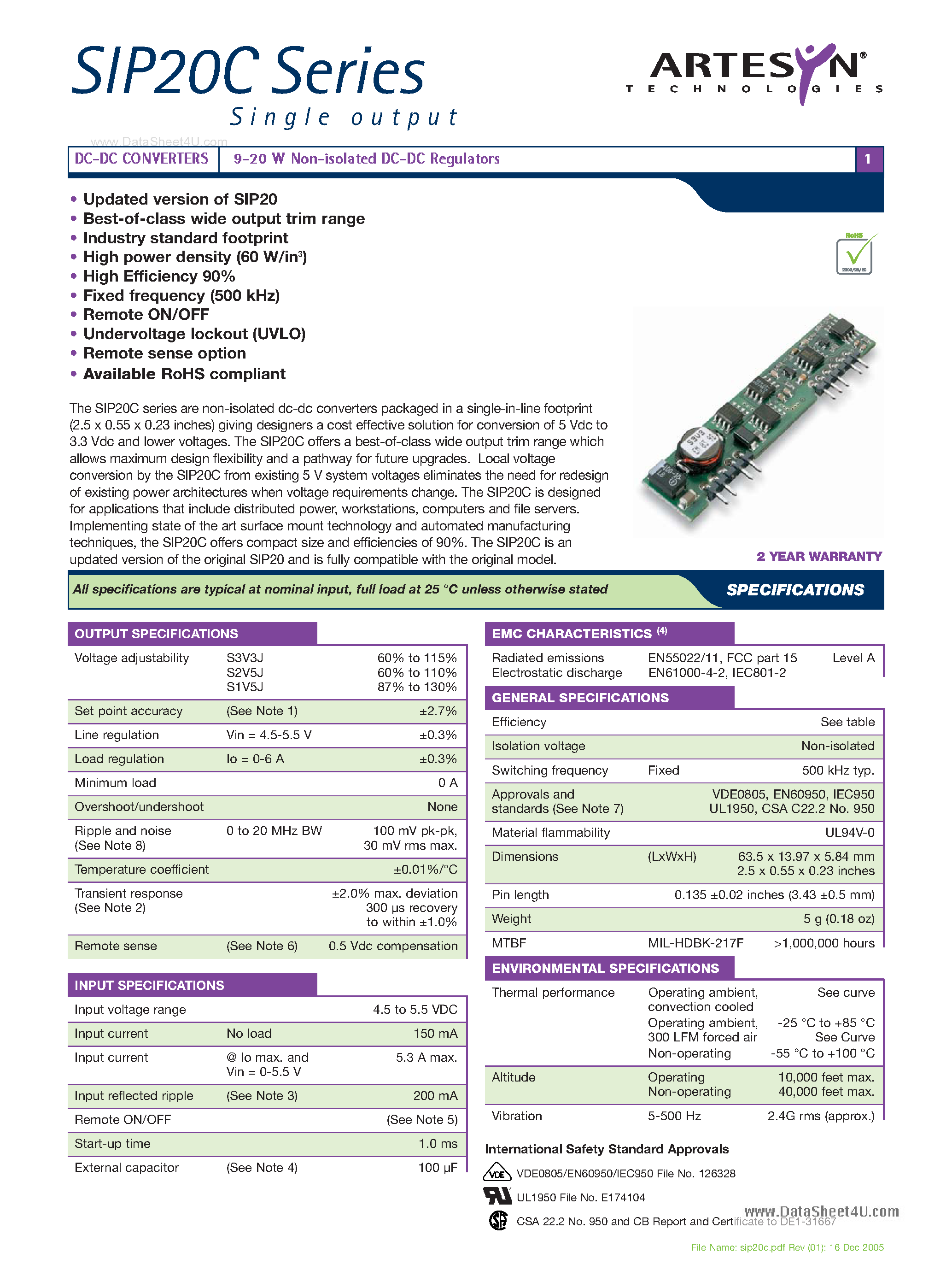 Даташит SIP20C - DC-DC CONVERTERS 9-20 W Non-isolated DC-DC Regulators страница 1