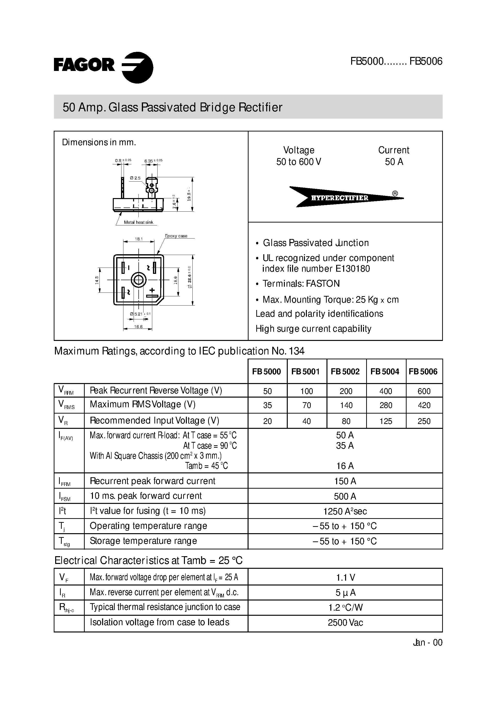 Datasheet FB5000 page 1 Datasheet FB5000 - 50 Amp Glass Passivated Bridge Rectifier page 1