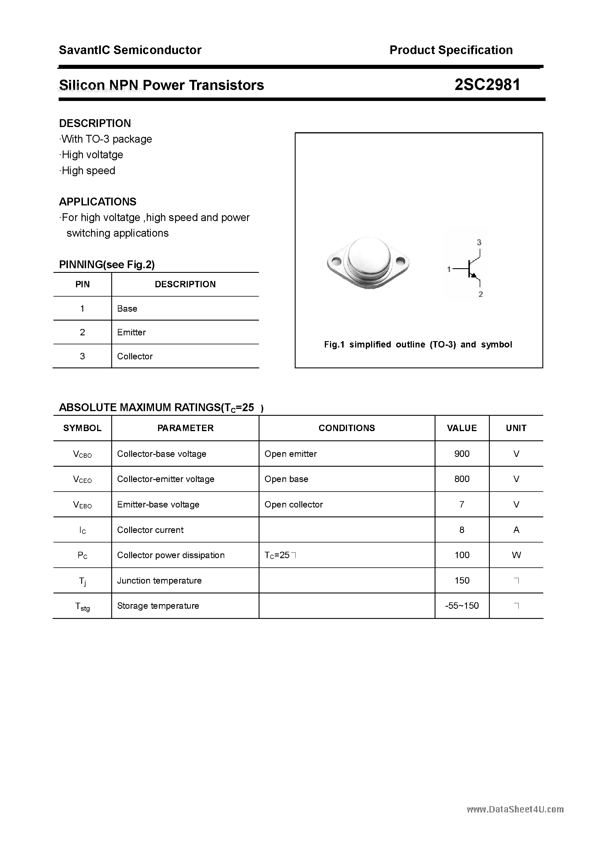 Datasheet 2SC2981 page 1 Datasheet 2SC2981 - SILICON POWER TRANSISTOR page 1