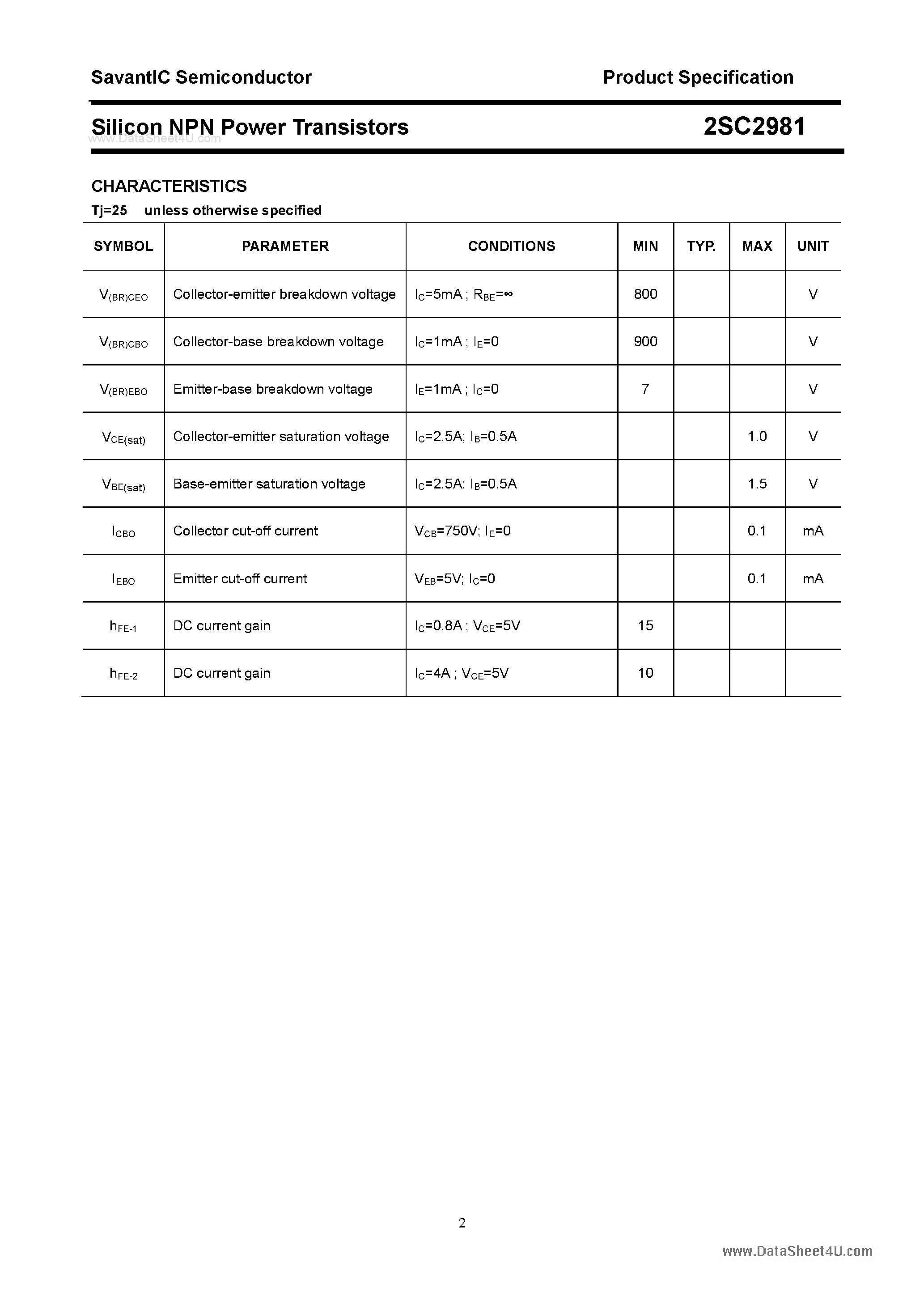 Datasheet 2SC2981 page 2 Datasheet 2SC2981 - SILICON POWER TRANSISTOR page 2