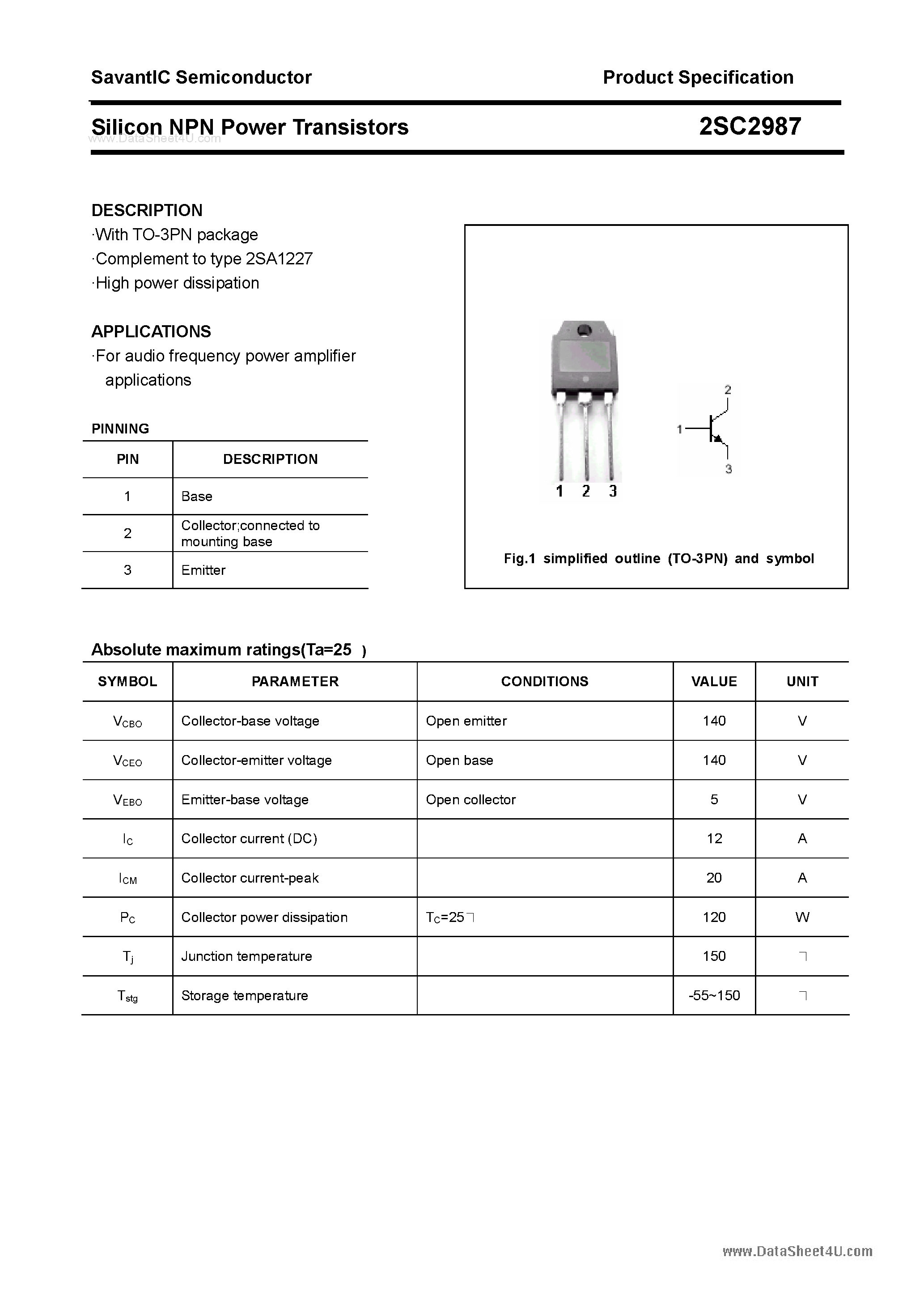 Datasheet 2SC2987 - SILICON POWER TRANSISTOR page 1