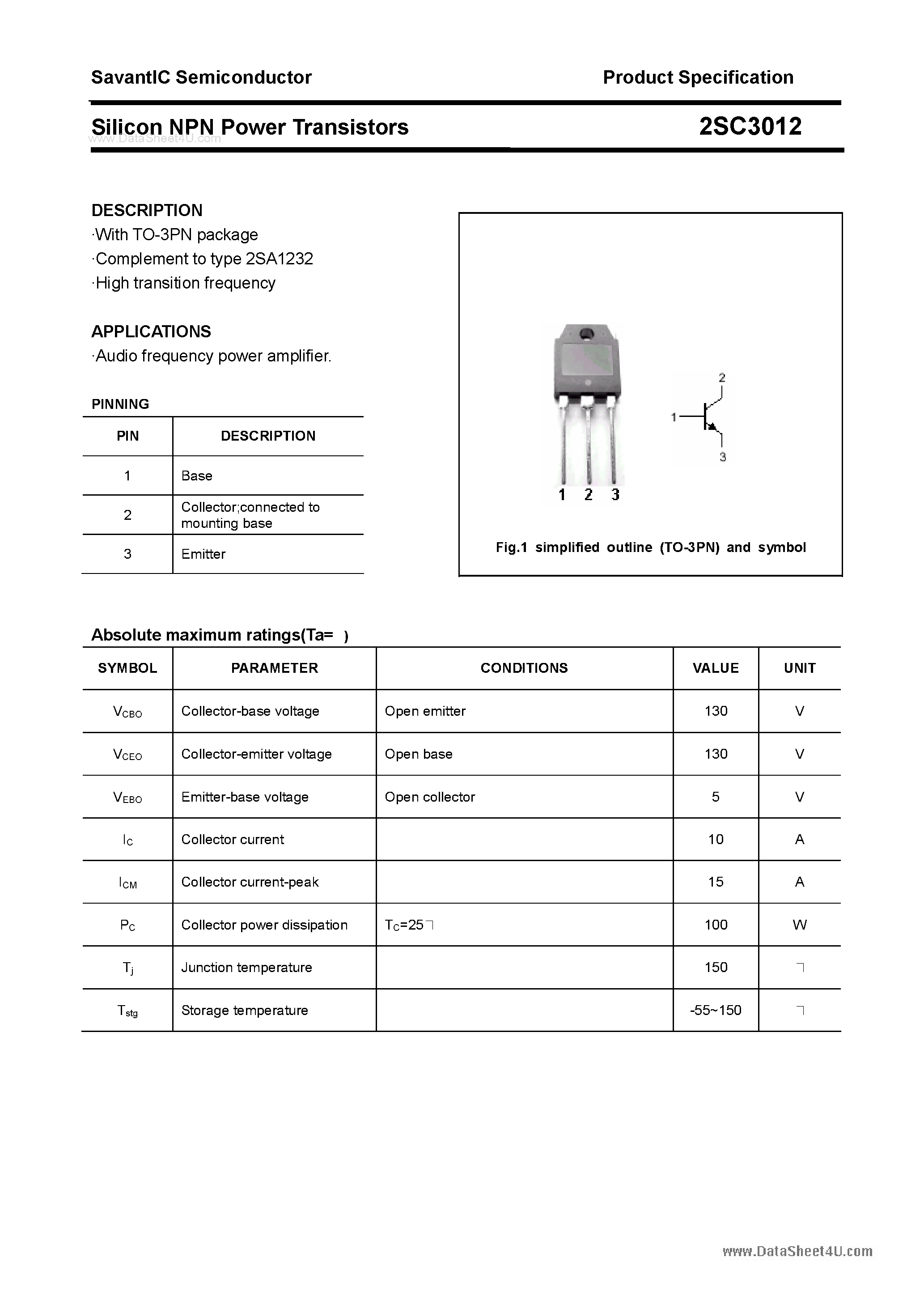 Даташит 2SC3012 - SILICON POWER TRANSISTOR страница 1