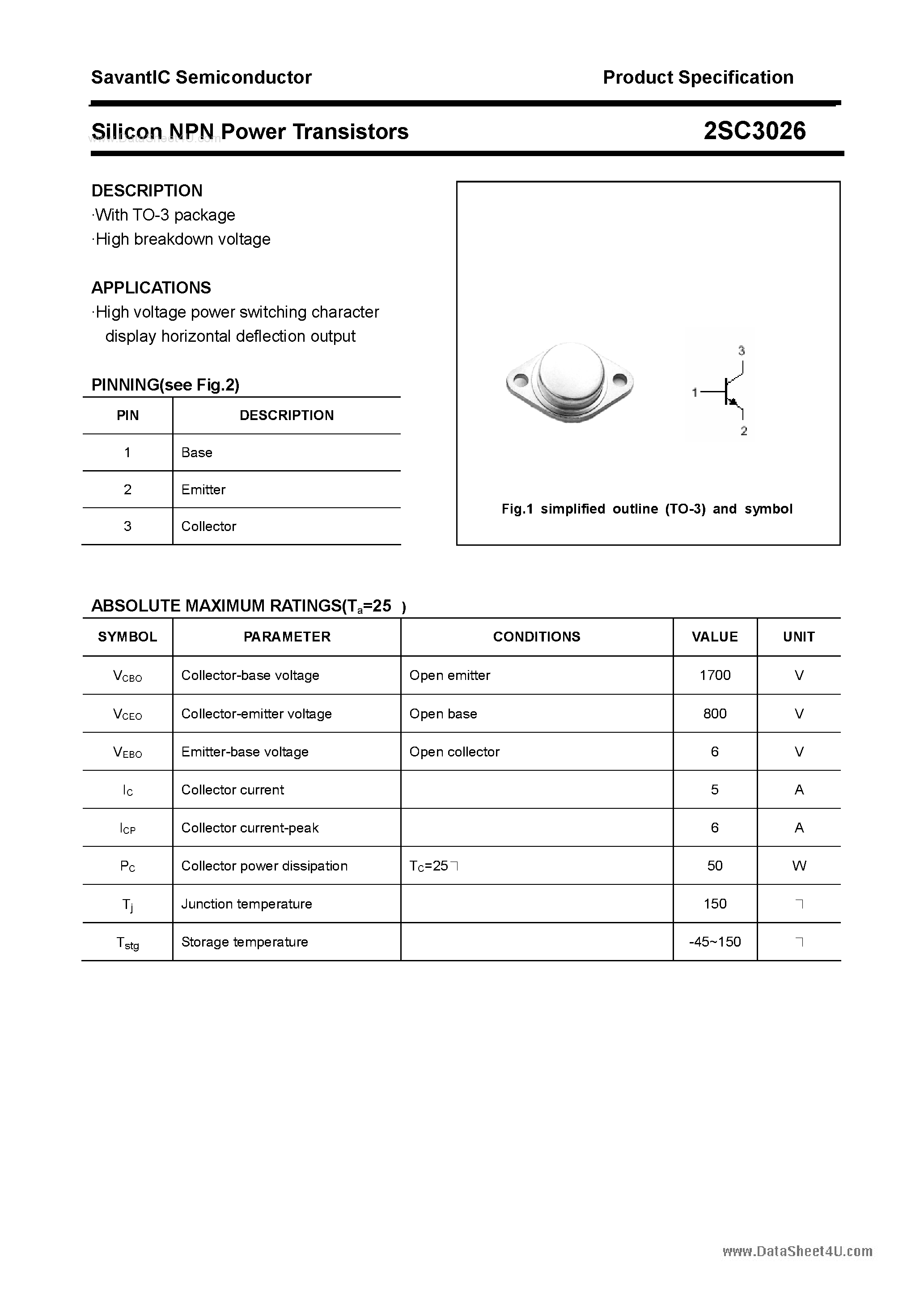 Datasheet 2SC3026 - SILICON POWER TRANSISTOR page 1