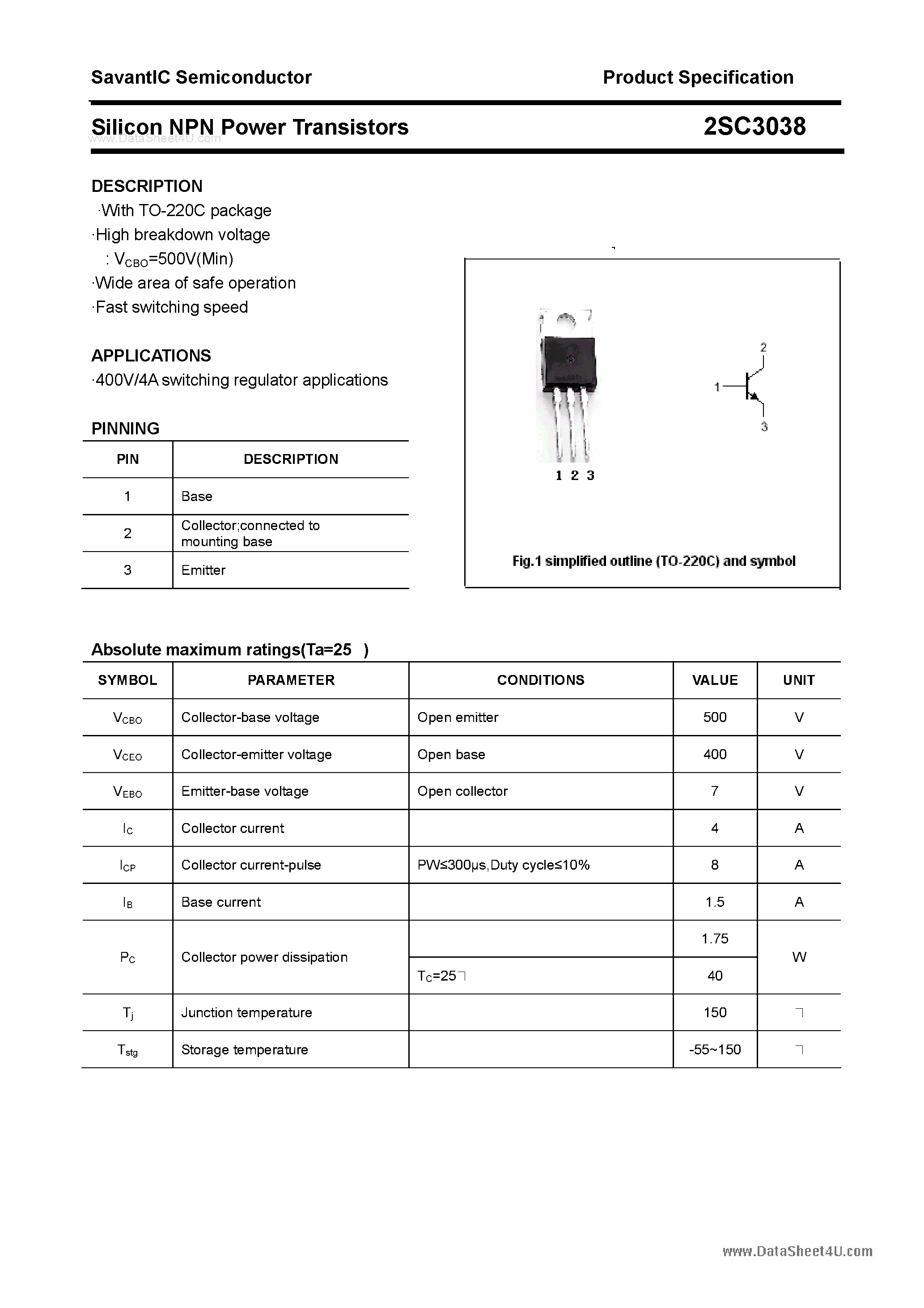 Даташит 2SC3038 - SILICON POWER TRANSISTOR страница 1