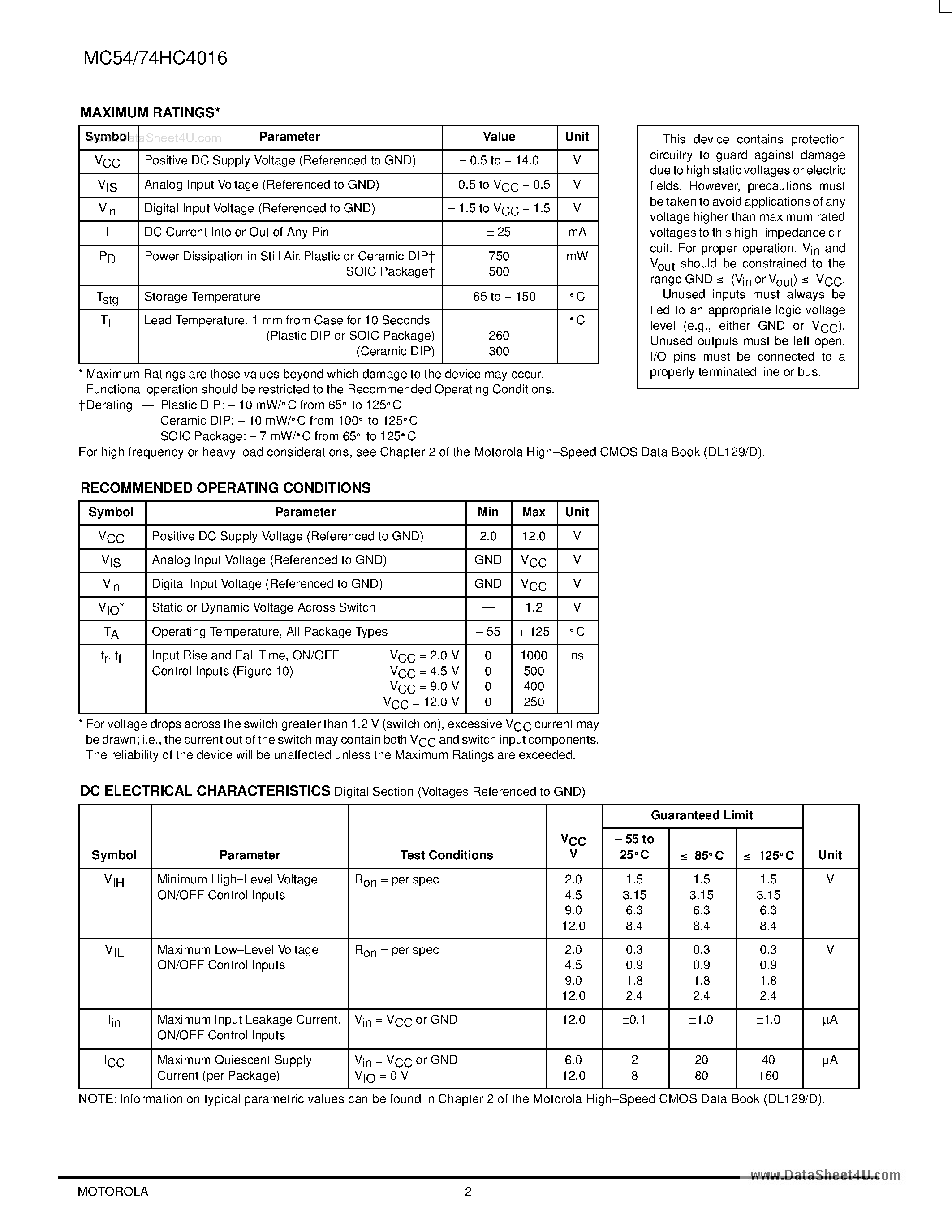 Даташит на микросхему MC54HC4016 страница 2 Даташит MC54HC4016 - Quad Analog Switch/ Multiplexer/Demultiplexer страница 2