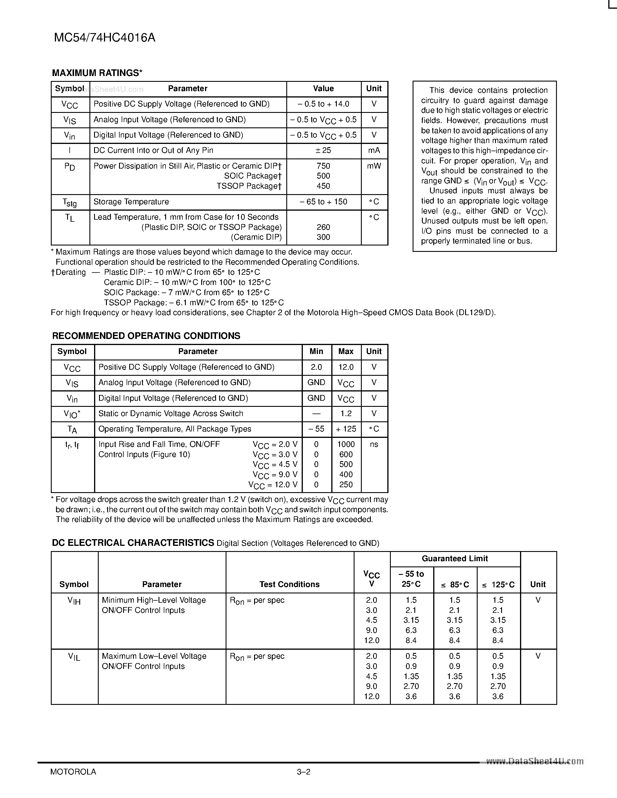 Даташит на микросхему MC54HC4016A страница 2 Даташит MC54HC4016A - Quad Analog Switch/ Multiplexer/Demultiplexer страница 2
